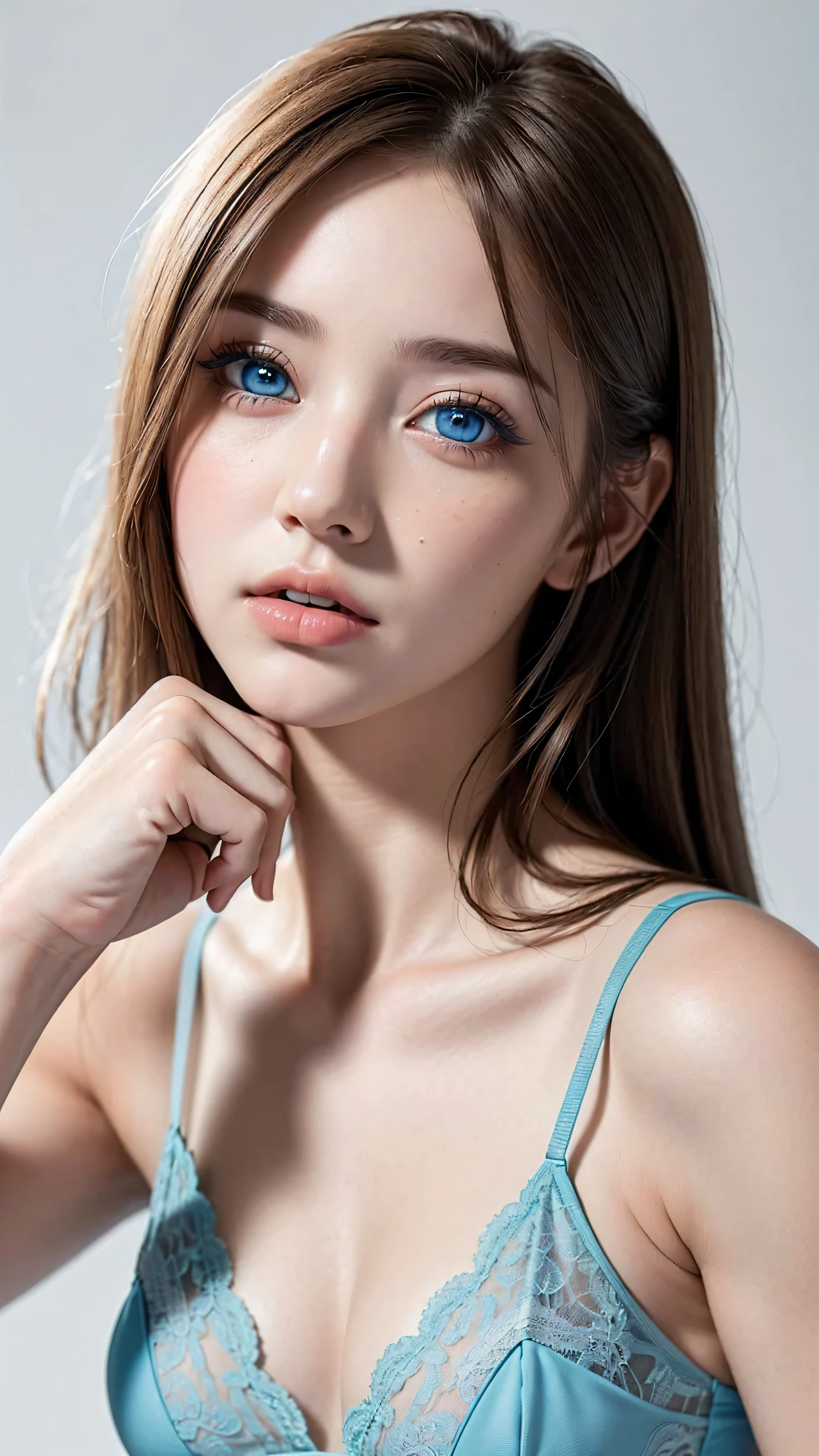(1girl:1.35, 20-year-old), Realism, highest resolution, (highest quality realistic texture skin), ((highest quality realistic texture brown hair, intricate detail:1.25)), ((perfect proportions)), (anatomically correct, very small round head:1.3), ((firm and full breasts:1.25)), (the most absurd quality perfect eyes), (super detail: natural beautiful cute sharp face), (light pale complexion), ((clear no blur and sharp perfect round realistic aqua blue_eyes:1.1), Insanely detail:1.3), finely detailed pupils, detailed lips:1.3, (pink_lipstick), [dry skin], (wears evening lingerie with lace:1.13)