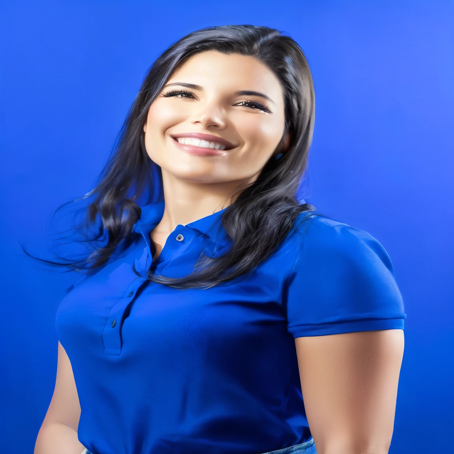 mulher sorridente com camisa azul posando para uma foto contra um fundo azul, shot in the head and shoulders, foto de perfil profissional, carla ortiz, Alanis Guillen, malika favre, Julia Fontes, foto de perfil com headshot, lorena avarez, fernanda suarez, imagem de perfil, fotografia de retrato, headshot, foto comercial, foto de perfil profissional, por Juan O'Gorman