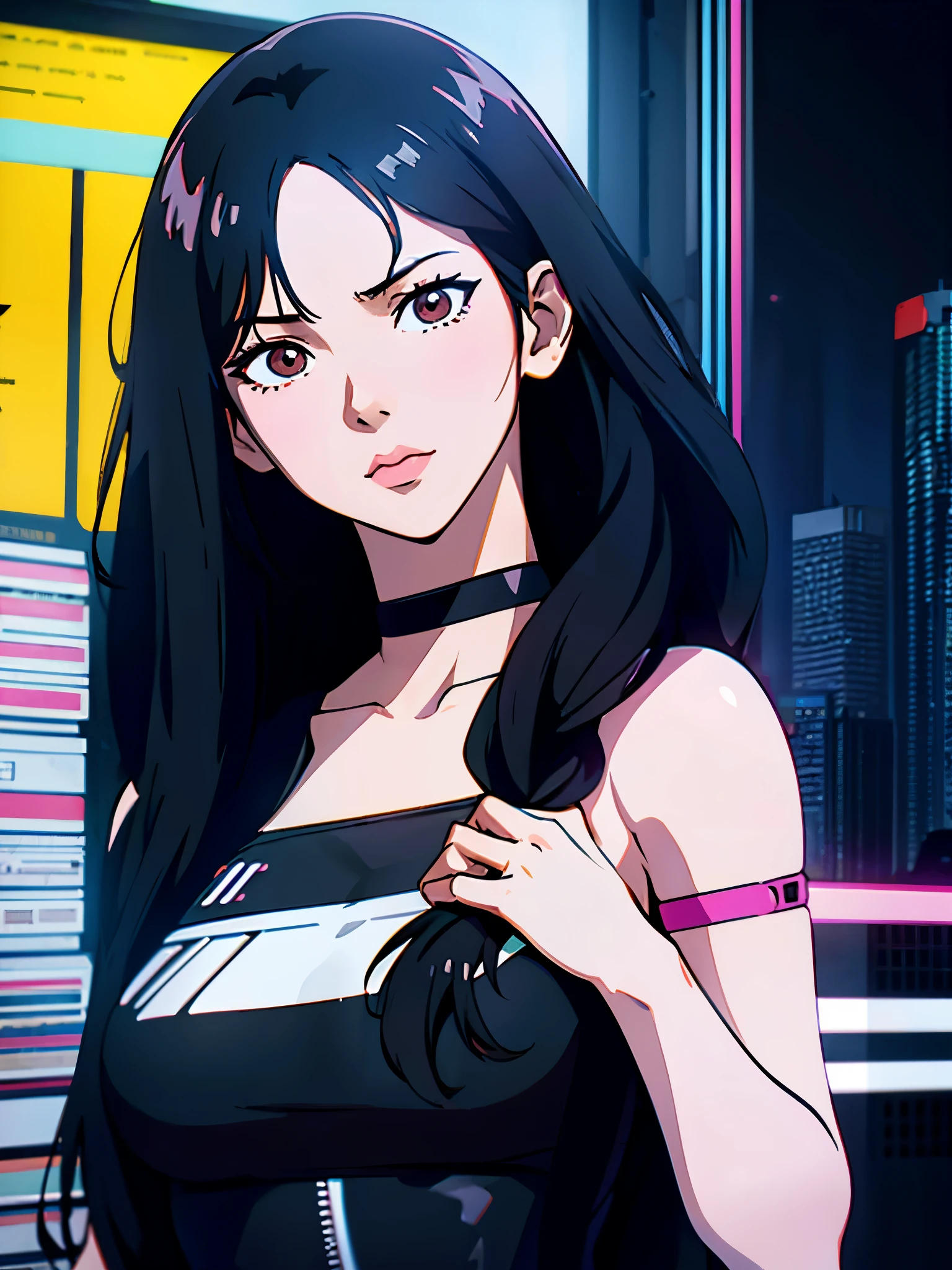 digital art drawing, illustration of (anime girl, long black hair middle part, brown eyes, wearing a black choker on her neck, black and white body suit, cyberpunk 2077), anime drawing/art, bold linework, illustration, digital art, masterpiece, flat illustration, no shadows, 8k resolution, high detail, vector art, only anime, perfect eyes, perfect hands, perfect fingers, sharpness, high clarity, medium shot, high fidelity
