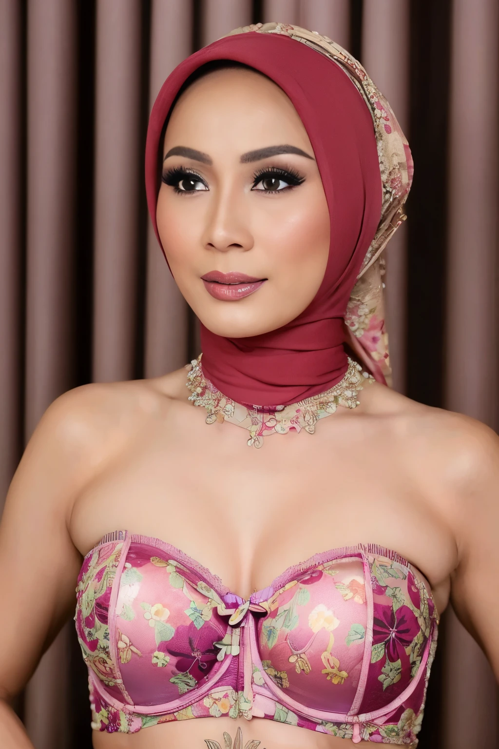 52 years Old, ((Sugar Mama)), ((Beauty Hijab Indonesian Mature woman)), ((Sensual lips)), wet Oily Tanlined  through, Droopiest Massive Large , 196 Inches , Tank Top, Fitness Pants, ((Nailing Polish)), Face full of Make up, Full body, Realistic Detailed Perfect abs, at Gym, Dark light, at Day time, Standing. (((Wearing strapless bra floral pattern)))