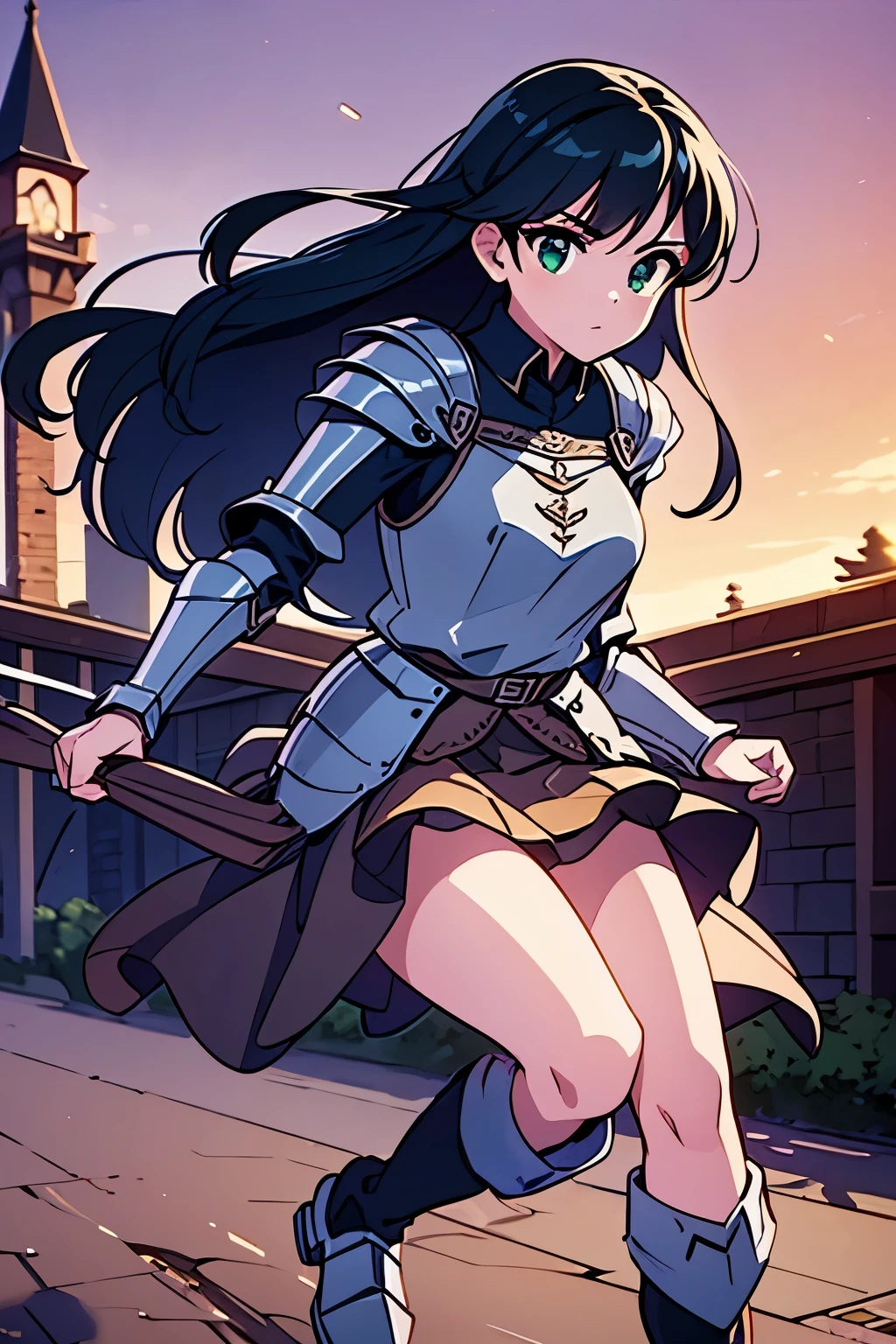 (((masterpiece))), (((best quality))), ((ultra-detailed)), (cinematic lighting), (illustration), (beautiful detailed eyes), (1girl), full body, knight, armour, light hair, walking, castle looming in background, best quality, expressive eyes, perfect face, Girl: (20s, black hair, long hair, dark green baggy shirt, armour, skirt, knee boots), robot horse, riding