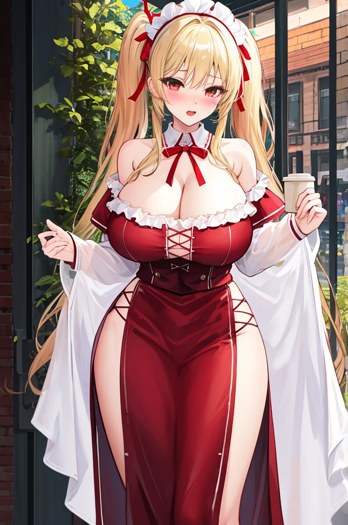 A woman with big ,Gorgeous woman,Mature,ahegao,Long blond hair,twintails,Exquisite,(((transparent))),Red ribbon,Red maid uniform,Off-shoulder,Cleavage,Slim waist,pubic,blush,ta,Coffee Shop,