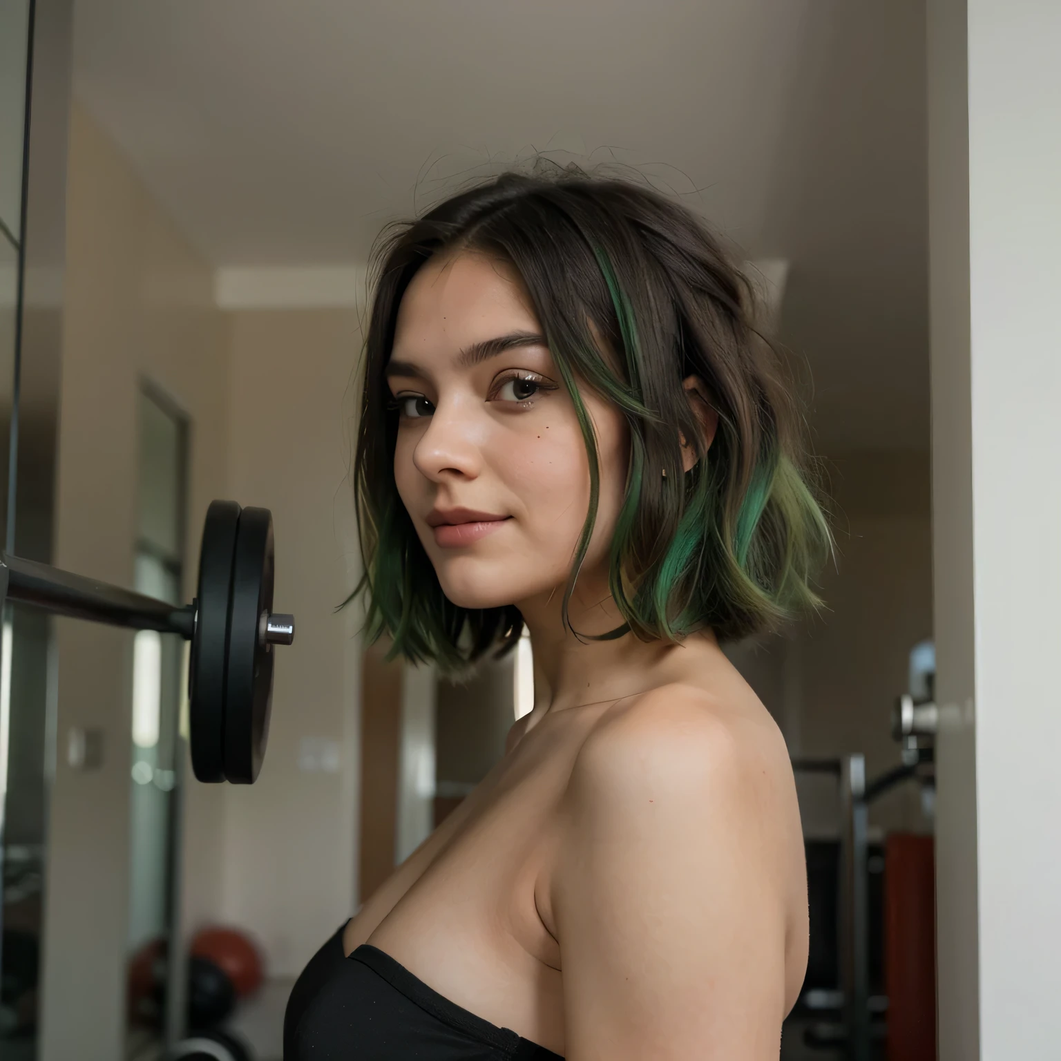1girls, Nur, green Hair , 24 years old , best quality, high resolution, different image, young woman, wearing sports clothes, gym background, profile angle, perfect face, seductive look, looking at the camera, looking sideways at the mirror, side profile pose, short hair, hair at shoulder length over her shoulder If it is a little higher, the ends of the hair will be green, especially the green hair ends.Best Quality, 8K, Masterpiece:1.3)), Focus: 1.2, Perfect Body Beauty: 1.4, Hips: 1.2, , High Detail Facial and Skin Texture, Thin Eyes, Double Eyelids, , Smile,