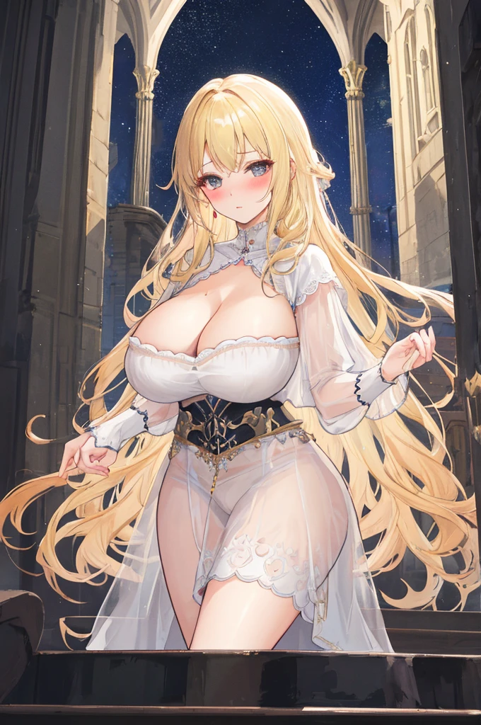 A woman with big ，Beautiful princess，A devout believer，Long blond hair，Exquisite，((transparent))，Nightdress，Cleavage，Slim waist，pubic，blush，cathedral