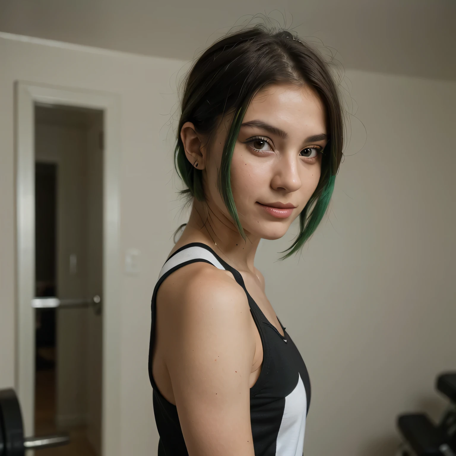 1girls, Nur, green Hair , 24 years old , best quality, high resolution, different image, young woman, wearing sports clothes, gym background, profile angle, perfect face, seductive look, looking at the camera, looking sideways at the mirror, side profile pose, short hair, hair at shoulder length over her shoulder If it is a little higher, the ends of the hair will be green, especially the green hair ends.Best Quality, 8K, Masterpiece:1.3)), Focus: 1.2, Perfect Body Beauty: 1.4, Hips: 1.2, , High Detail Facial and Skin Texture, Thin Eyes, Double Eyelids, , Smile,