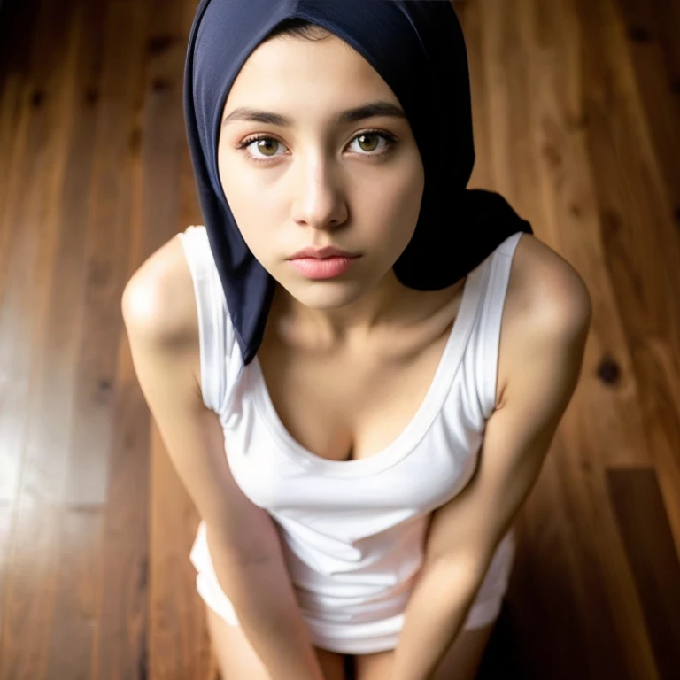 (From a straight above, birds-eye perspective), 1girl, Portrait of an 17 year old cute beautiful perfect face, with hijab, petit teengirl knelt on the wooden floor, undressing nude body.very beautiful Russian, her eyes gazing up toward the camera, sleeveless t-shirt, cleavage,  bright eyes, solo focus, close up, presenting face, open mouth, looking at viewer, super calvagss