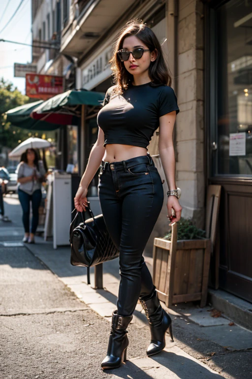 ((best quality)), ((masterpiece)), (detailed), perfect face (highest quality,masterpiece:1.3,Ultra-high resolution),(Very detailed、Caustics) (Realistic:1.4, RAW shooting、)Ultra-Realistic Capture、Very detailed、Natural skin texture、masterpiece、sunny day outside cafe coffee super lower abdomen super mini pant chopp tshirt tight tshirt big breast sunglasses very long legs very high heel boots biggest breast, carvy body