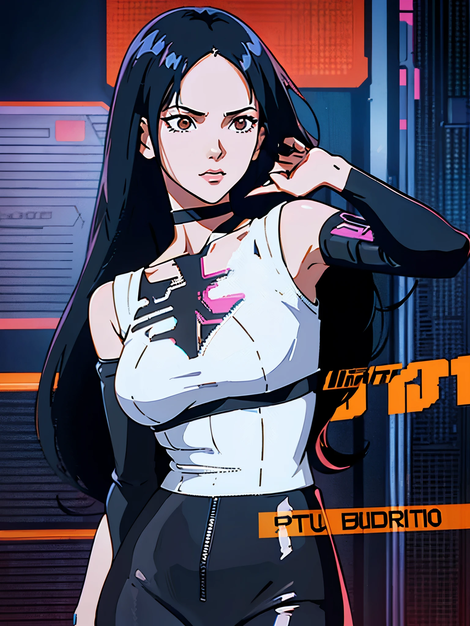 digital art drawing, illustration of (anime girl, long black hair middle part, brown eyes, wearing a black choker on her neck, black and white body suit, cyberpunk 2077), anime drawing/art, bold linework, illustration, digital art, masterpiece, flat illustration, no shadows, 8k resolution, high detail, vector art, only anime, perfect eyes, perfect hands, perfect fingers, sharpness, high clarity, medium shot, high fidelity
