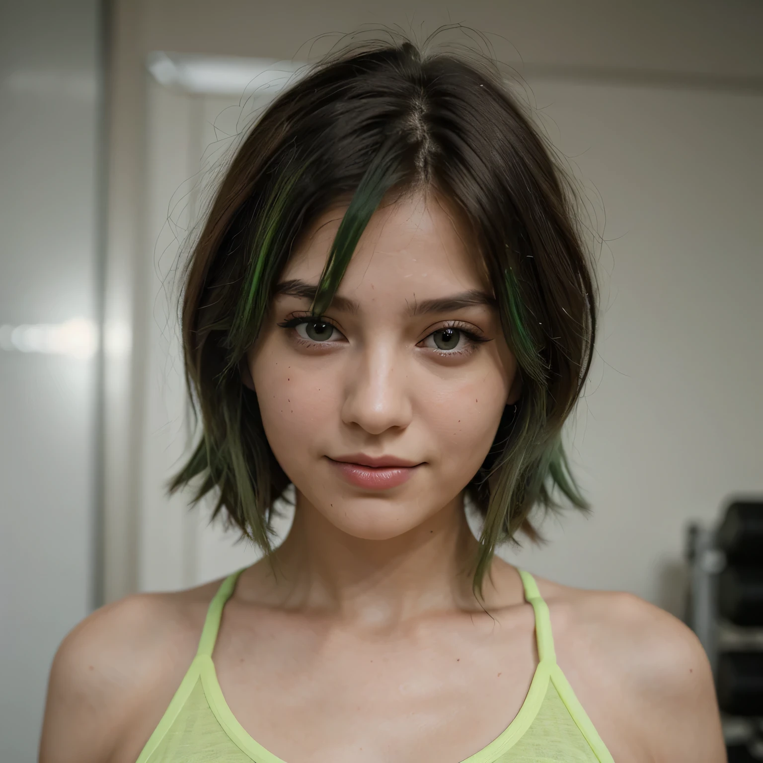 1girls, Nur, green Hair , 24 years old , best quality, high resolution, different image, young woman, wearing sports clothes, gym background, profile angle, perfect face, seductive look, looking at the camera, looking sideways at the mirror, side profile pose, short hair, hair at shoulder length over her shoulder If it is a little higher, the ends of the hair will be green, especially the green hair ends.Best Quality, 8K, Masterpiece:1.3)), Focus: 1.2, Perfect Body Beauty: 1.4, Hips: 1.2, , High Detail Facial and Skin Texture, Thin Eyes, Double Eyelids, , Smile,