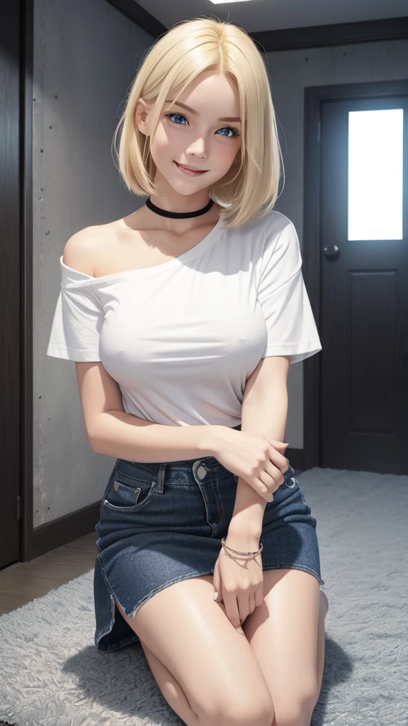 Create a photo realistic young woman with blonde hair (length until her shoulders), blue eyes and large . She wears a white t-shirt, round neck, long fit and short sleeves, without a bra, and she also wears a uni color black cotton mini skirt. Kneeling , smiling