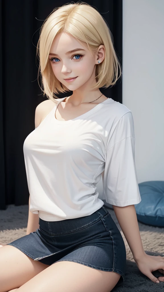 Create a photo realistic young woman with blonde hair (length until her shoulders), blue eyes and large . She wears a white t-shirt, round neck, long fit and short sleeves, without a bra, and she also wears a uni color black cotton mini skirt. Kneeling , smiling