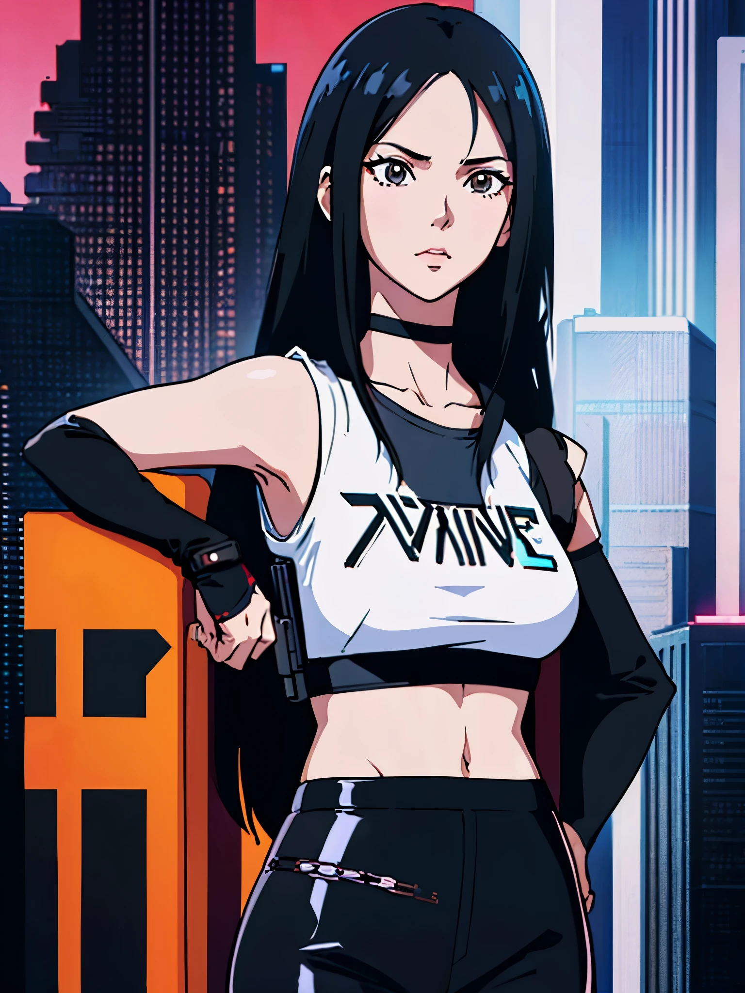 digital art drawing, illustration of (anime girl, long black hair middle part, brown eyes, wearing a black choker on her neck, white t shirt, black tactical vest, black latex pants, cyberpunk 2077), anime drawing/art, bold linework, illustration, digital art, masterpiece, flat illustration, no shadows, 8k resolution, high detail, vector art, only anime, perfect eyes, perfect hands, perfect fingers, sharpness, high clarity, medium shot, high fidelity
