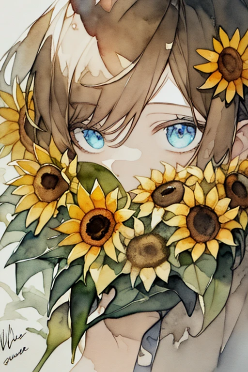 (watercolor:1.2),1girl, solo, flower, sunflower,freckles, portrait, leaf, bangs, signature, yellow flower, brown hair, long hair, green eyes, hair between eyes, flower earrings