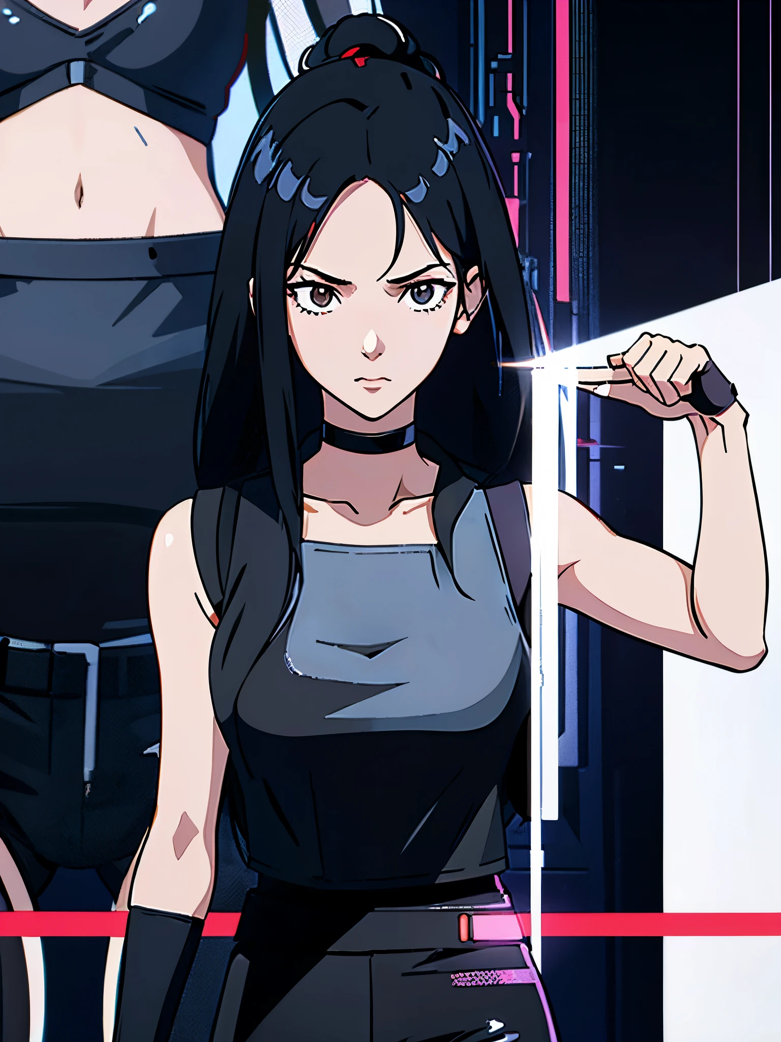 digital art drawing, illustration of (anime girl, long black hair middle part, brown eyes, wearing a black choker on her neck, white t shirt, black tactical vest, black latex pants, cyberpunk 2077), anime drawing/art, bold linework, illustration, digital art, masterpiece, flat illustration, no shadows, 8k resolution, high detail, vector art, only anime, perfect eyes, perfect hands, perfect fingers, sharpness, high clarity, medium shot, high fidelity
