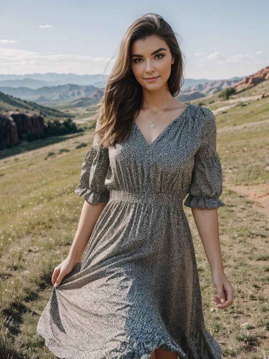 plan large, 1 femme, 23 ans, Seulement, longs cheveux bruns, grazing eyebrows, wearing a Georgia O print dress'Keeffe Navajo, climbing a steep hill in a beautiful red rock canyon scene in New Mexico, yeux marrons, Beaux seins de taille moyenne de 32 pouces, poitrine de taille moyenne, I did not expose, portrait complet du corps, Realistic, expression confiante, sourire joyeux, determined, spectaculaire, ultra haute résolution.photorealistic:.1.4, (highly detailed skin:1.2), 8k euh, digital SLR, high quality, Grain du film, Fujifilm XT3