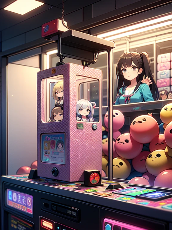 (((Obra maestra))), (((mejor calidad))), ((Claw Machine)), manos en el panel inferior, control the long joystick and press the button, usando una abrazadera para levantar el juguete, 1 chica, komishouko, Shy, rubor, , Claw Machine,  vista trasera,