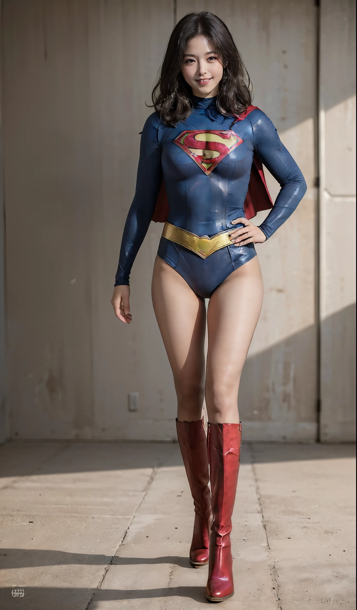 No background、(((Beautiful legs in black tights.)))、(((Legally express the beauty of your smile)))、((((Make the most of your original images)))、(((Supergirl Costume)))、(((ボディにフィットしたSupergirl Costume)))、(((Short beautiful hair)))、(((Smiles and winks)))、(((Please wear black tights....、Wear red boots)))、((Best image quality、8k))、((highest quality、8k、masterpiece:1.3))、(((Preserve background )))、Sharp focus:1.2、Beautiful woman with perfect figure:1.4、Slim Abs:1.2、Wet body:1.5、Highly detailed face and skin texture、8k