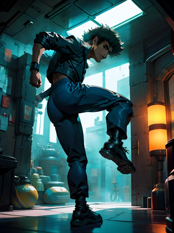 1 male, spike spiegel,  en una nave en el espacio, enfoque masculino, pantalones, torso desnudo, high kick, dynamic, hermosa pose kungfu, artistic,obscuro pocos detalls, sombras, zen,parado junto a una ventana, se mira el espacio, se ve la marte, obscuro, luz y sombra