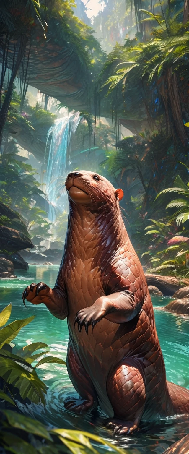 (giant otter), oil painting, vibrant colors, detailed fur, playful, river habitat, tropical forest, crystal clear water, sunshine, reflection, lush vegetation, dynamic pose, majestic, irresistible eyes, agile, social species, shimmering scales, graceful movement, wildlife, endangered, conservation, ecological importance, peaceful ambiance, masterful brushstrokes, harmonious composition, breathtaking scenery, inviting, immersive perspective, engaging storytelling, expertly captured, high resolution, realistic rendering