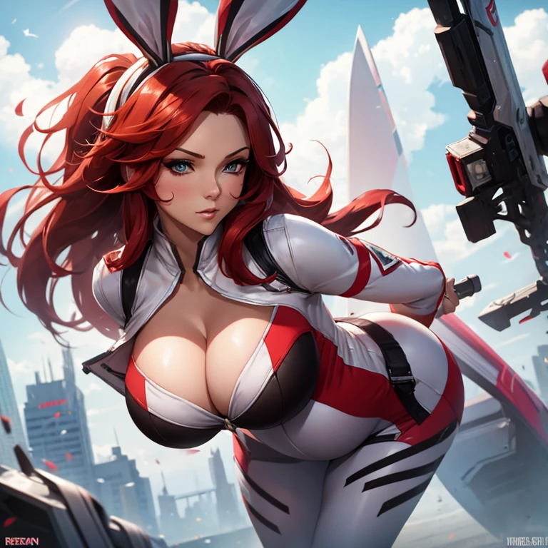 Sexy pregnant battle bunny miss Fortune, red hair, tight white combat suit, cleavage