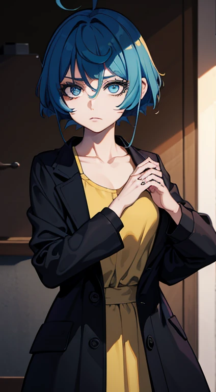 a woman with blue hair and a black jacket, beautiful natural lighting, yellow eye, pretty clothing!, 1 9 th, natural short hair, beautiful goddess, sultry look, light borwn hair, wear's beige shirt, morning light, looking exhausted, ultra detailed, best quality, expressive eyes, perfect face,