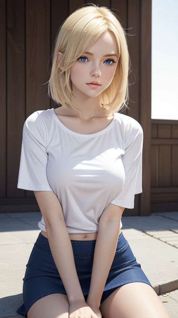 Create a photo realistic young woman with blonde hair (length until her shoulders), blue eyes and large . She wears a white t-shirt, round neck, long fit and short sleeves, without a bra, and she also wears a uni color black cotton mini skirt. All fours