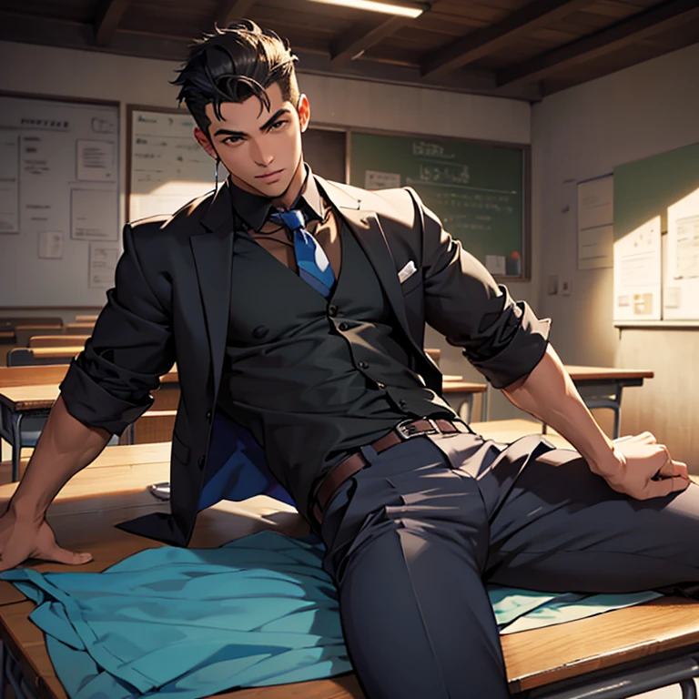 Un hombre, juvenil, fornido, empapado en sudor, con una camisa abierta, pantalones negros ajustados, una corbata,that he is lying down posing sexy on top of some tables, that is in a classroom