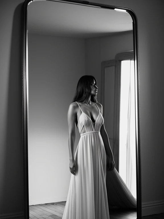 Wide Shot, black and white, (Karla Jaeger in a slip dress, ethereal aura), harsh side light, (standing by a cracked mirror, reflection distorted), (24mm lens, Leica Q2, surreal details, professional, fine art photography, trending on Behance), by Man Ray and Francesca Woodman and Daido Moriyama