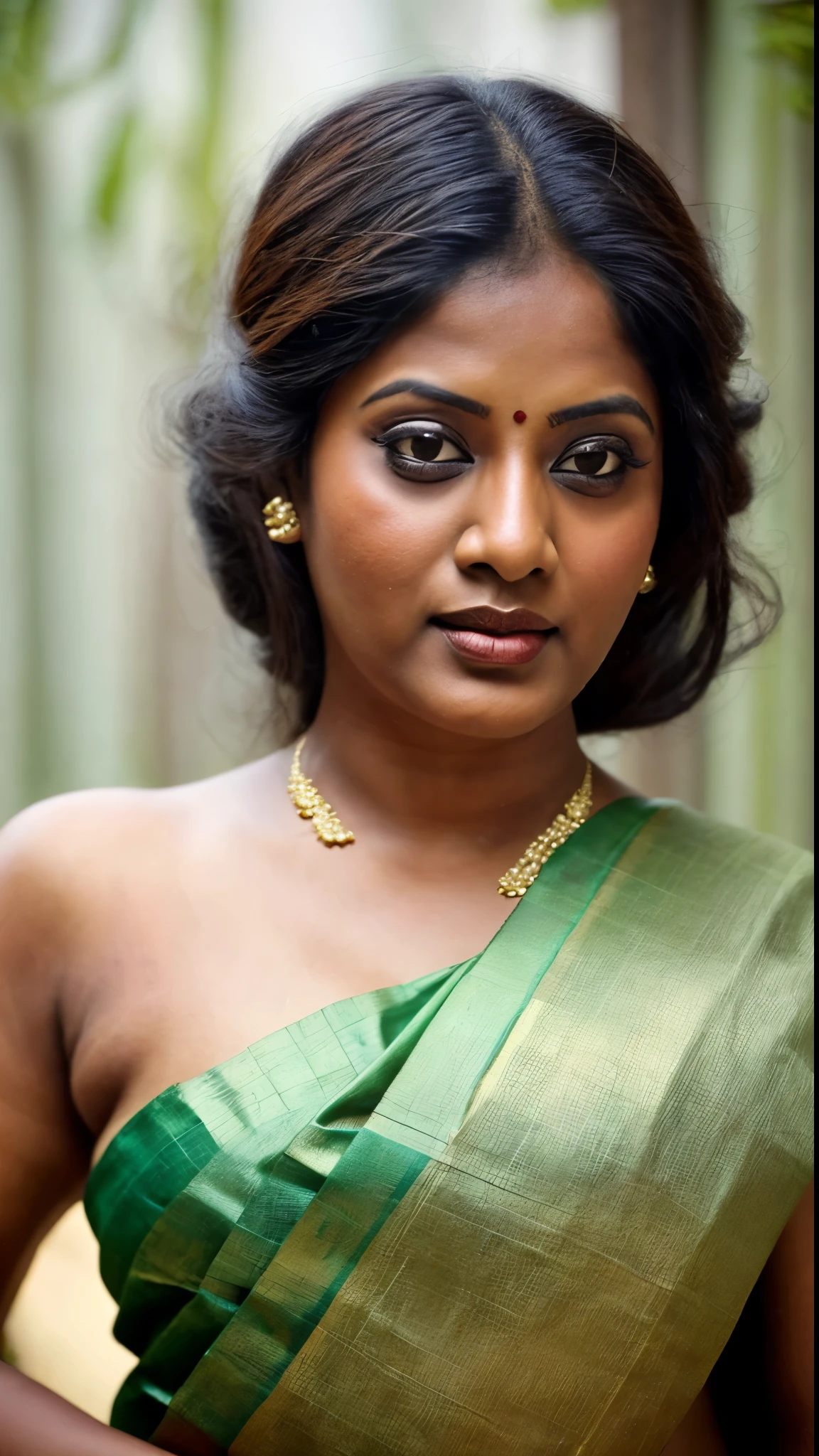 Looks like Indian Actress Ester Noronha, An Extremely gorgeous and beautiful Bengali village woman, 45 yo, pale white skin, sensual appealing body, perfect thick and chubby Beauty, wearing saree bare-chested, wearing a Bengali-style saree without a blouse,, ethnic vintage bengali village woman, bengali style saree, The sari was worn without a blouse and petticoat before the British Raj, baring one's chest or being blouseless, Bengalis a.k.a. Bongs are known for their unique Bengali fashion sense (the way they don that sari makes you go wow), Pre British Raj, Pre colonial era, Bengali Woman draping sari without blouse is a normal thing in pre British Era, bong woman, wearing kajal or kohl or kajol in eyes,