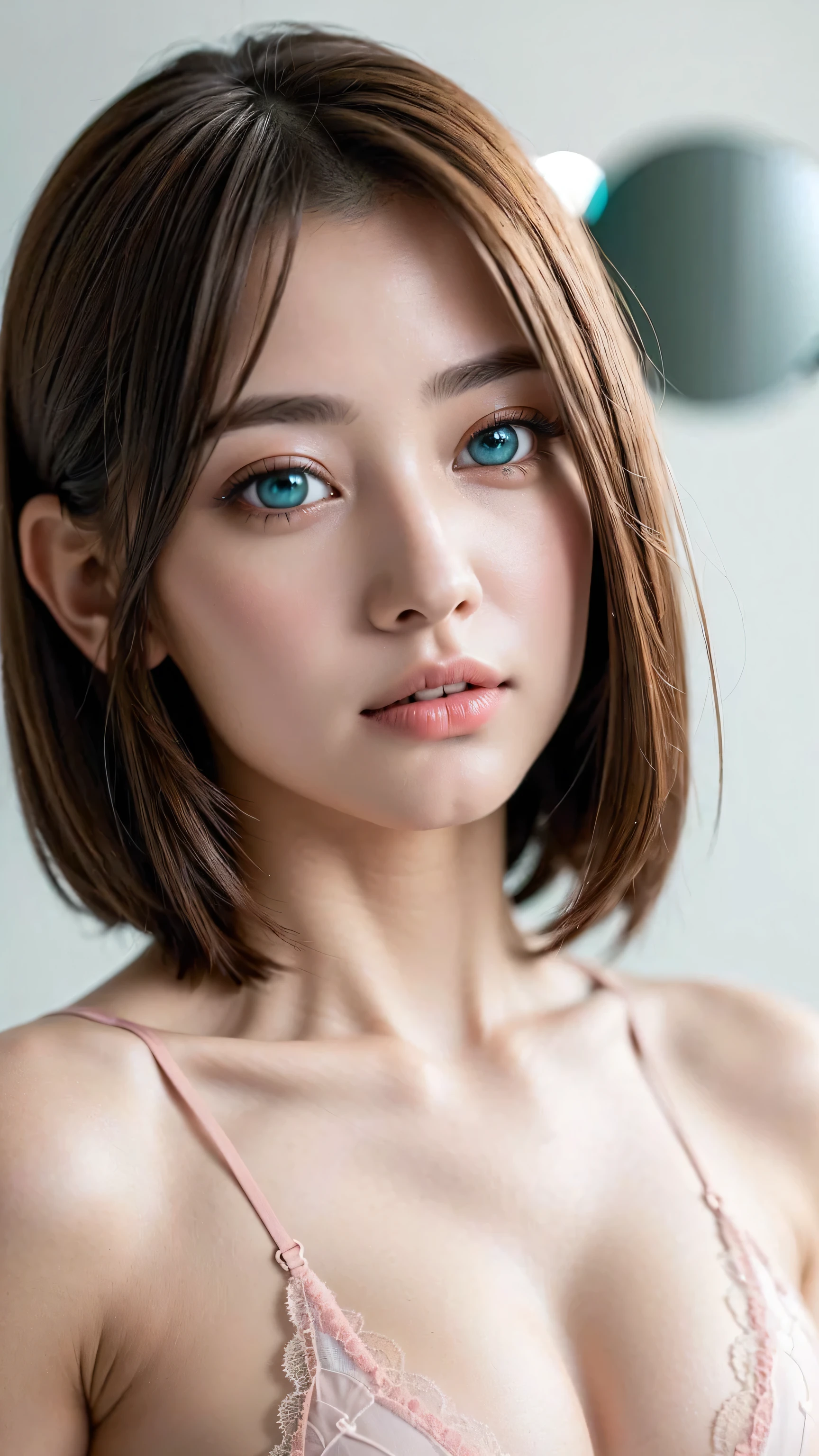 (1girl:1.35, 20-year-old), Realism, highest resolution, (highest quality realistic texture skin), ((highest quality realistic texture brown hair, intricate detail:1.25)), ((perfect proportions)), (anatomically correct, very small round head:1.3), ((firm and full breasts:1.25)), (the most absurd quality perfect eyes), (super detail: natural beautiful cute sharp face), (light pale complexion), ((clear no blur and sharp perfect round realistic light aqua_eyes:1.2), Insanely detail:1.3), finely detailed pupils, detailed lips:1.3, (pink_lipstick), [dry skin], (wears evening lingerie with lace:1.13)