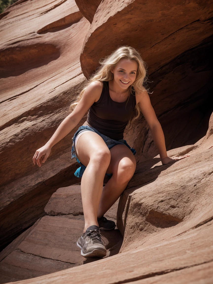 plan large, 1 femme, 25 ans, longs cheveux blonds, mèches roses et bleues, eyebrows grazing, climbing a steep hill in a beautiful red rock canyon scene in New Mexico, yeux verts, Beaux seins de taille moyenne de 32 pouces, poitrine de taille moyenne, portrait complet du corps, Realistic, expression confiante, sourire joyeux, determined, spectaculaire, ultra haute résolution.photorealistic:.1.4, (highly detailed skin:1.2), 8k euh, digital SLR, high quality, Grain du film, Fujifilm XT3