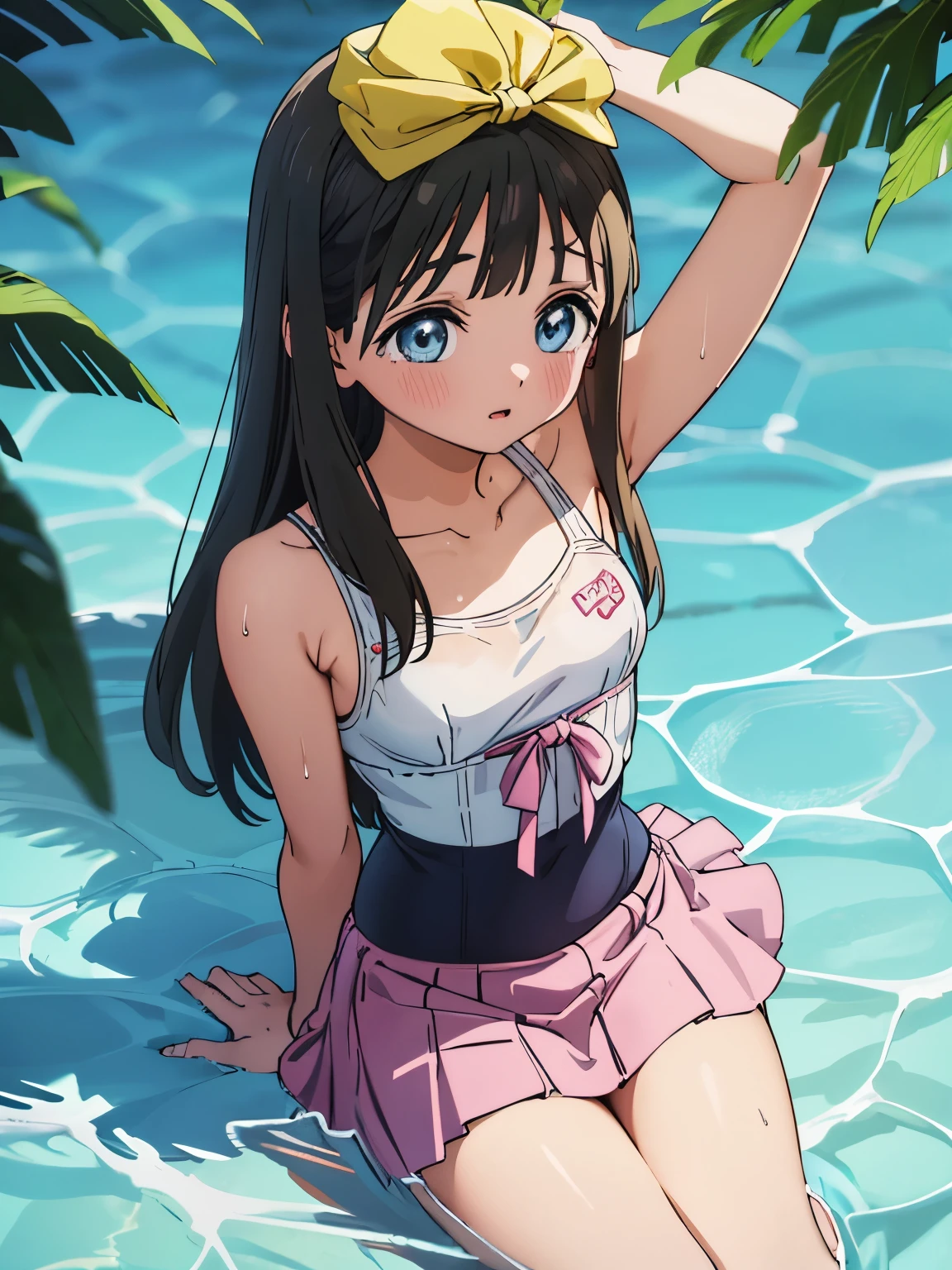 anime girl in a swim suit in a pool with a leaf on her head, wet swimsuit, realistic bikini, is wearing a swimsuit, swimsuit, oppai, smooth anime cg art, bathing suit, seductive anime girl, asuka suit under clothes!, nami one piece, pixiv 3dcg, rin, shiny wet skin!!, splash art anime , jpn idol,1girl,dynamic pose,beach,swimwear, looking at viewer, thick eyebrows, laughing,(One lady)、(​masterpiece)、(best qualtiy)、(ultra-detailliert)、(a high chroma)、(CG Illustration)、((Full Angle))、Female, 15 years old、Delicate beautiful face、(red blush)、(Wavy long hair、Dark blonde hair)、(dishevled hair)、((Shoulder top))、See-through clothes:1.3、((Black stockings))、(Pink lace panties)、(Dark blue pleated skirt)、(teats)、breasts of medium size,、((turned around))、(Woman sitting on the floor)、The best lighting、simple background、Anime girl in bikini standing on the beach with palm trees, Wallpaper Anime Blue Water, 4k Race Manga wallpaper, anime moe art style, Anime! 4K, Anime! 4 k, Seductive anime dick girl, Anime wallpapers in 4K, ultra hd anime wallpaper, realistic bikini, marin kitagawa fanart, [ Digital Art in 4K ]!!, Ecchi anime style, Anime girl sitting on bed with arms crossed, an anime drawing by Jin Homura, pixiv, shin hanga, anime moe art style, Cute anime girl, marin kitagawa fanart, small curvy , akebi komichi, Anime Best Girl, Anime visuals of cute girls, young anime girl, an anime girl, pretty anime girl, Anime Girl, ighly detailed、​masterpiece、top-quality、Ultra-high decomposition energy A、8K High Resolution、Photogenic clarity、A detailed eye、Gradation、perfect anatomy body proportions ,hard disk、nffsw (English) ,Nikon Z9 80mm Lens , masutepiece、Model Standing、Light blue panties made of lace material、White tight t-shirt、The dress is made of white lace material(((Show me all my panties)))、(((The skirt is definitely worn)))、(((Lift skirt hem)))、panties focus、too bright natural light、Sunshine、Detailed lace panty pattern、Ordinary panties、(((while standing, Lift your skirt to show