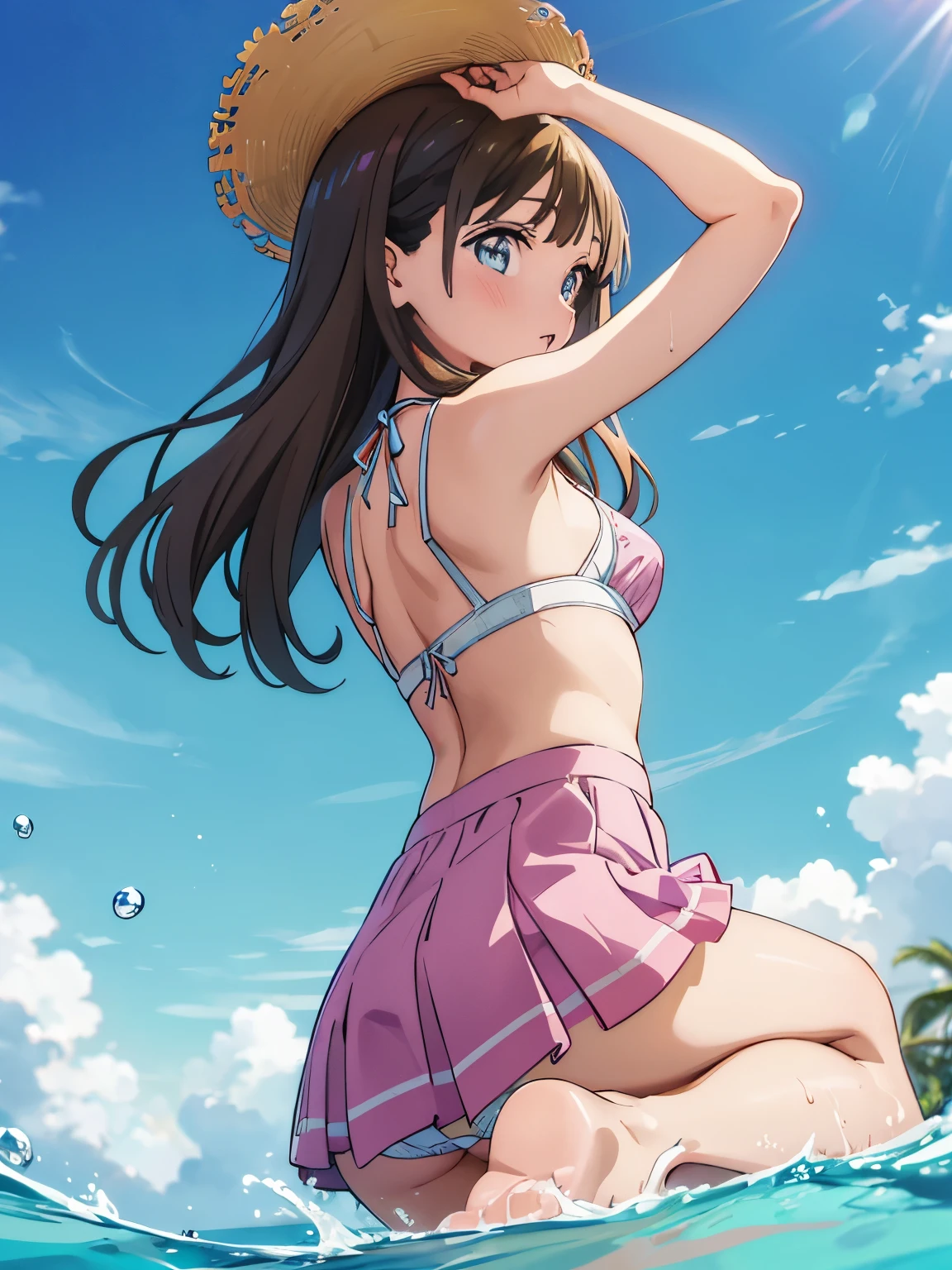 anime girl in a swim suit in a pool with a leaf on her head, wet swimsuit, realistic bikini, is wearing a swimsuit, swimsuit, oppai, smooth anime cg art, bathing suit, seductive anime girl, asuka suit under clothes!, nami one piece, pixiv 3dcg, rin, shiny wet skin!!, splash art anime , jpn idol,1girl,dynamic pose,beach,swimwear, looking at viewer, thick eyebrows, laughing,(One lady)、(​masterpiece)、(best qualtiy)、(ultra-detailliert)、(a high chroma)、(CG Illustration)、((Full Angle))、Female, 、Delicate beautiful face、(red blush)、(Wavy long hair、Dark blonde hair)、(dishevled hair)、((Shoulder top))、See-through clothes:1.3、((Black stockings))、(Pink lace panties)、(Dark blue pleated skirt)、(teats)、breasts of medium size,、((turned around))、(Woman sitting on the floor)、The best lighting、simple background、Anime girl in bikini standing on the beach with palm trees, Wallpaper Anime Blue Water, 4k Race Manga wallpaper, anime moe art style, Anime! 4K, Anime! 4 k, Seductive anime dick girl, Anime wallpapers in 4K, ultra hd anime wallpaper, realistic bikini, marin kitagawa fanart, [ Digital Art in 4K ]!!, Ecchi anime style, Anime girl sitting on bed with arms crossed, an anime drawing by Jin Homura, pixiv, shin hanga, anime moe art style, Cute anime girl, marin kitagawa fanart, small curvy , akebi komichi, Anime Best Girl, Anime visuals of cute girls, young anime girl, an anime girl, pretty anime girl, Anime Girl, ighly detailed、​masterpiece、top-quality、Ultra-high decomposition energy A、8K High Resolution、Photogenic clarity、A detailed eye、Gradation、perfect anatomy body proportions ,hard disk、nffsw (English) ,Nikon Z9 80mm Lens , masutepiece、Model Standing、Light blue panties made of lace material、White tight t-shirt、The dress is made of white lace material(((Show me all my panties)))、(((The skirt is definitely worn)))、(((Lift skirt hem)))、panties focus、too bright natural light、Sunshine、Detailed lace panty pattern、Ordinary panties、(((while standing, Lift your skirt to show