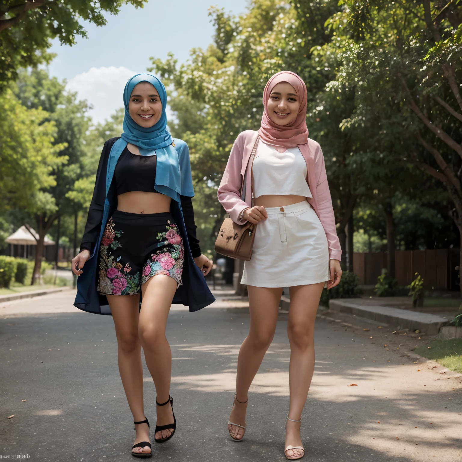 Masterpiece、highest quality、high resolution、Annabelle and Arabia, two best friends, 23 years old, Younger full body shot , looking muslim, perfect pose, Beautiful girl, colourful hijab, summer clothing, burka, with best friend, wearing colourful hijab attire, perfect smile, perfect body, perfect angle, forrest bright background 