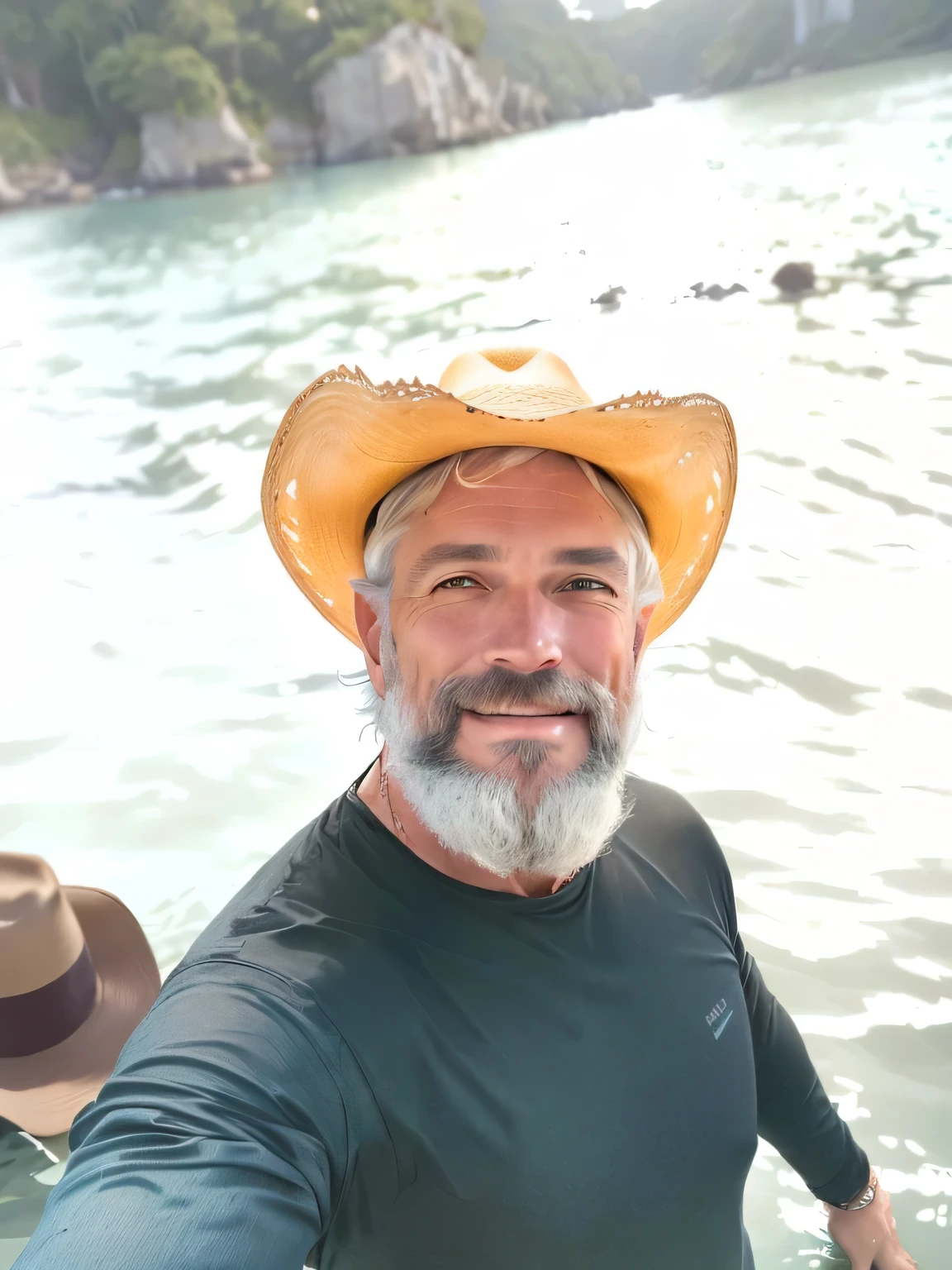 there is a man with a hat standing in the water, gray hair and cowboy hat, 8k foto selfiegraph, selfie de um homem, with a strange hat, Homem de 4 0 anos, (38 anos), foto selfie, 38 anos, 3 6 anos, Jony Ives, vaqueiro barbudo, rio ao fundo
