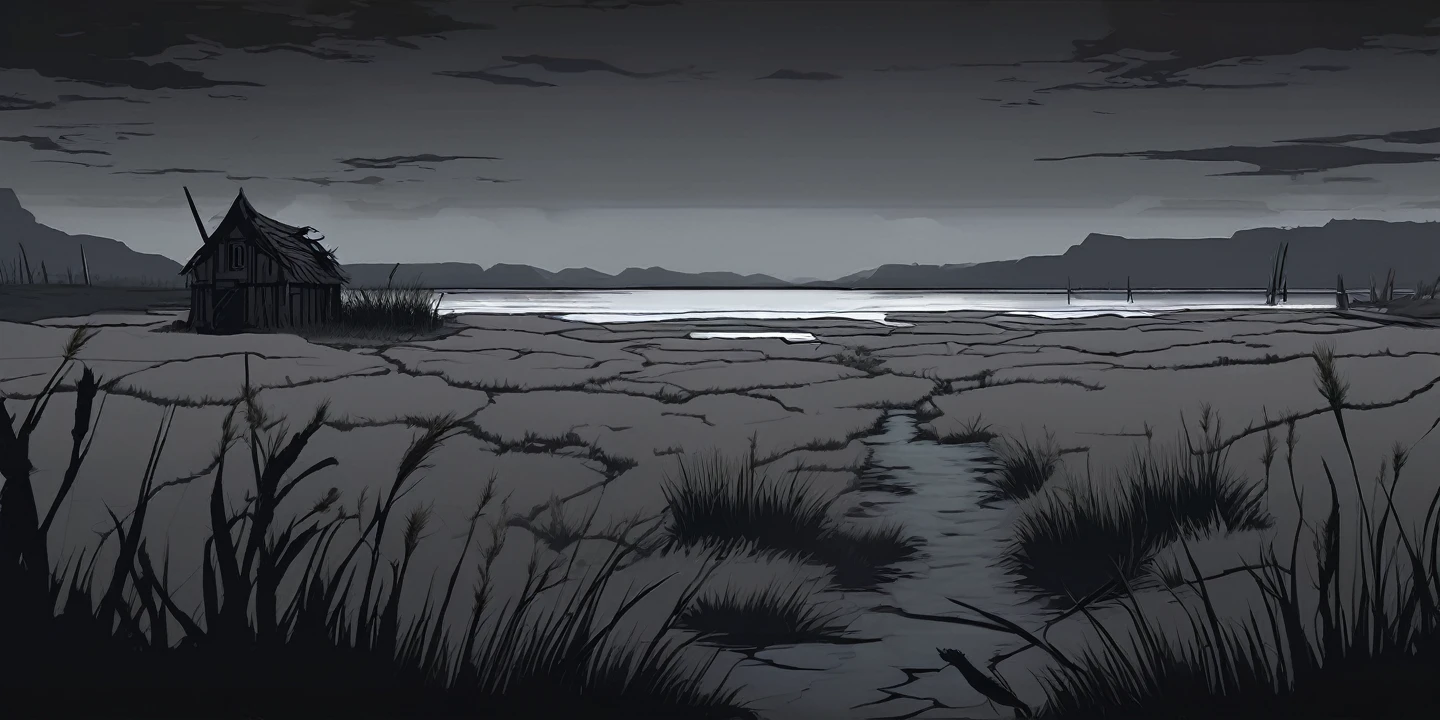 (((darkest dungeon style))), (highly detailed background), ((lonely gray salt marsh fields)), ((pale gray grasses)), desolation, loneliness, very dark background, (dark lighting), many shadows, cold lights
