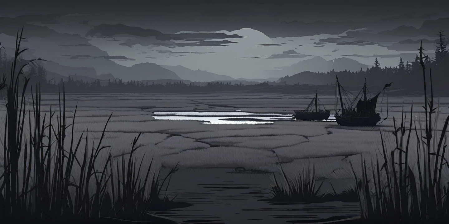 (((darkest dungeon style))), (highly detailed background), ((lonely gray salt marsh fields)), ((pale gray grasses)), desolation, loneliness, very dark background, (dark lighting), many shadows, cold lights
