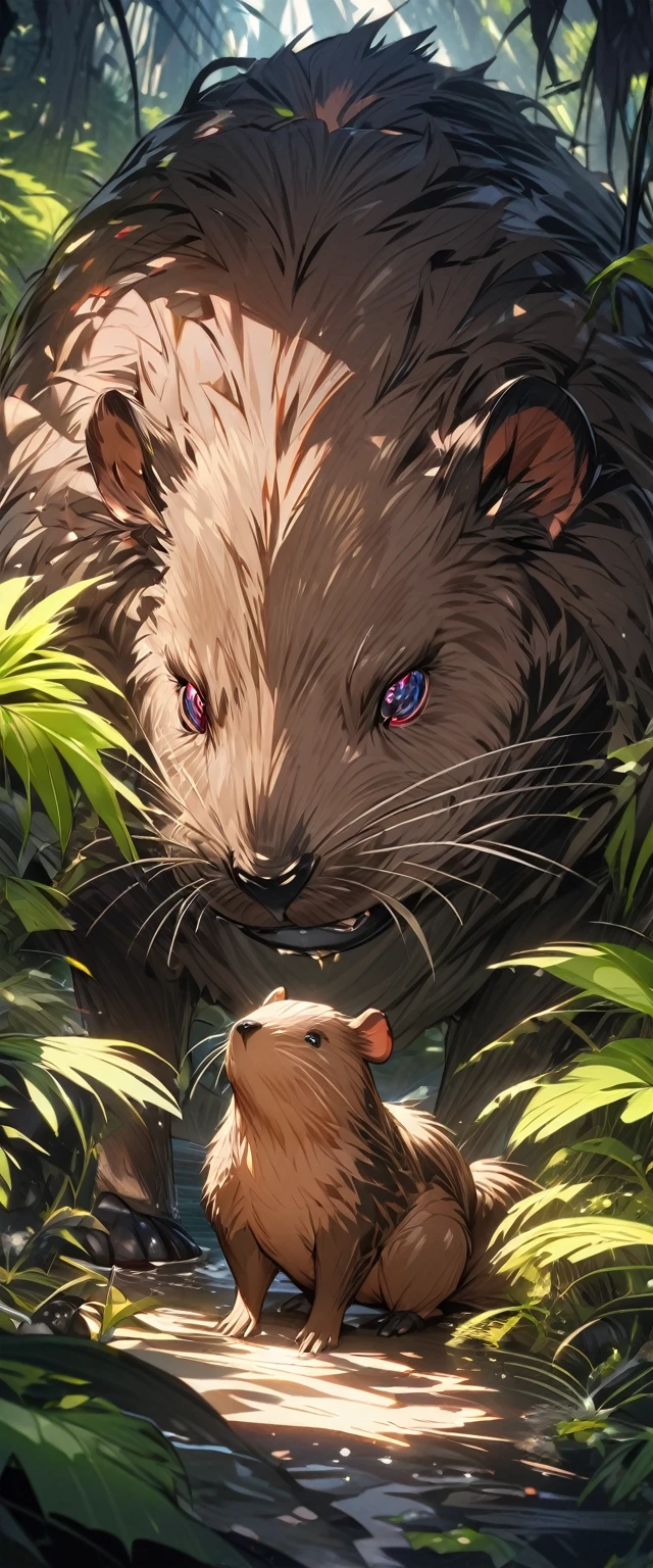 A giant nutria with ultra-detailed features stands gracefully in a lush jungle. Its fur is beautifully rendered, displaying a stunning array of colors that blend seamlessly into the vibrant surroundings. The portrait captures the intricate details of the nutria's face and fur, showcasing the artist's meticulous craftsmanship. The lighting in the scene is natural, casting a soft and enchanting glow on the nutria's exquisite features. With the high resolution of 8k, this artwork is a masterpiece that immerses the viewer in the captivating beauty of the giant nutria in its natural habitat.