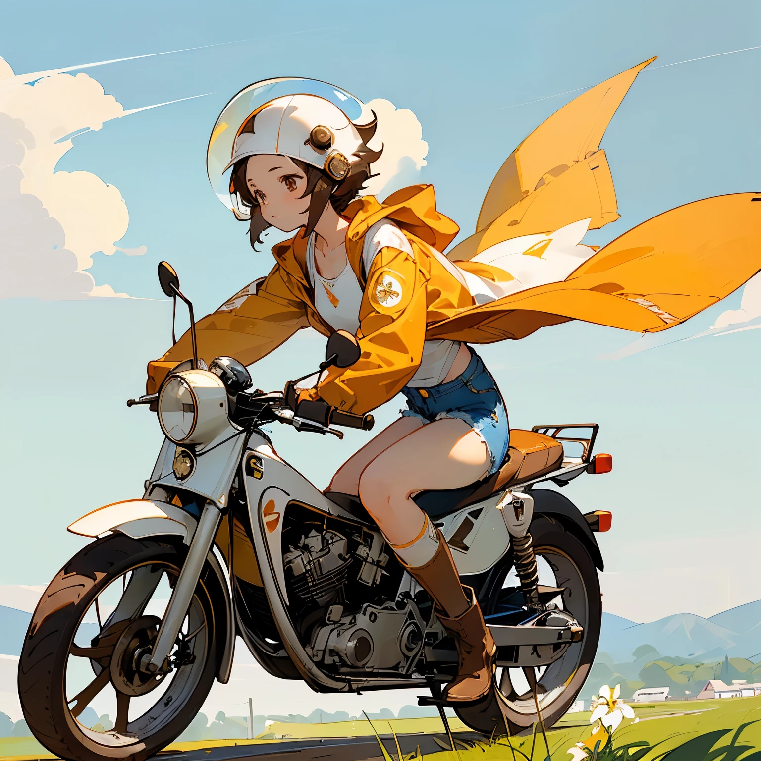 Highest quality、((A girl is riding an orange Super Cub))、Dark brown short cut、(Wearing a white jet helmet、White tank top、Yellow Jacket、Denim shorts、White knee-high socks、Brown work boots:1.3)、Japanese countryside scenery、Winding Road、Weeds grow along the side of the road、Blue sky、White clouds floating、Early summer sky、