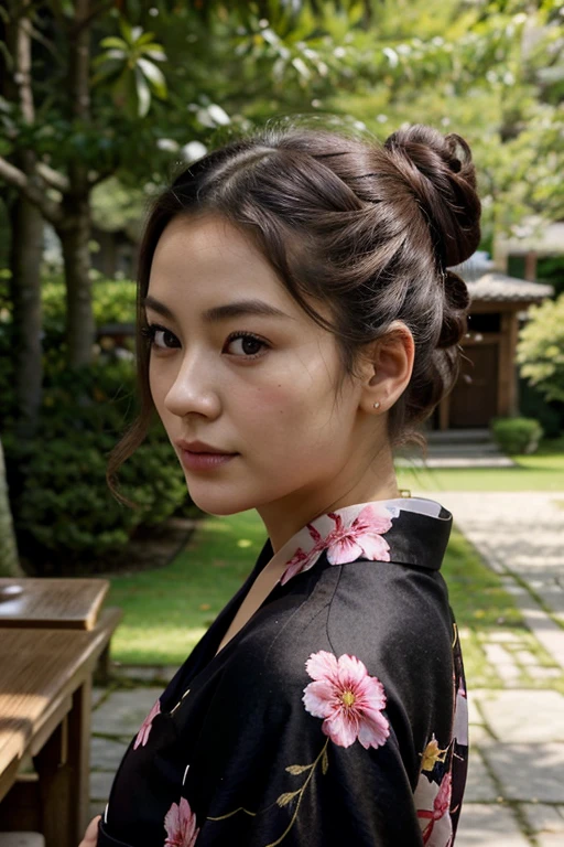 Jeune japonaise vingtaine, cheveux court ???? chignon, fine detailed face, grand yeux noirs, Beautiful lip, corpsnaturels, en kimono, devant un cerisier en fleur dans un parc, side face facing the camera