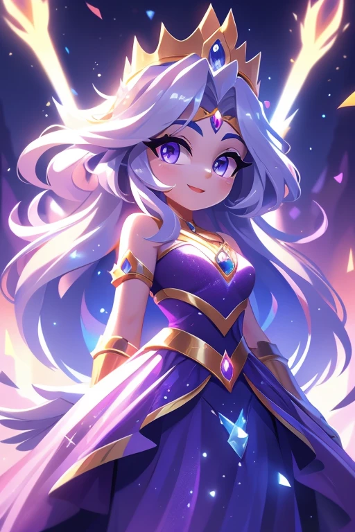 Cor: Cabelos roxos, olhos azuis
Roupa: Long silver dress with purple details Specific Power: Illusion Manipulation Background Screen: Magical castle on top of a hill Accessories: Crown with precious stones that amplify your powers Introduction: Luna is a princess from an enchanted kingdom, who has the ability to create illusions. She uses her powers to protect her people and spread joy and hope.. Her kindness and free spirit make her a leader loved by all.