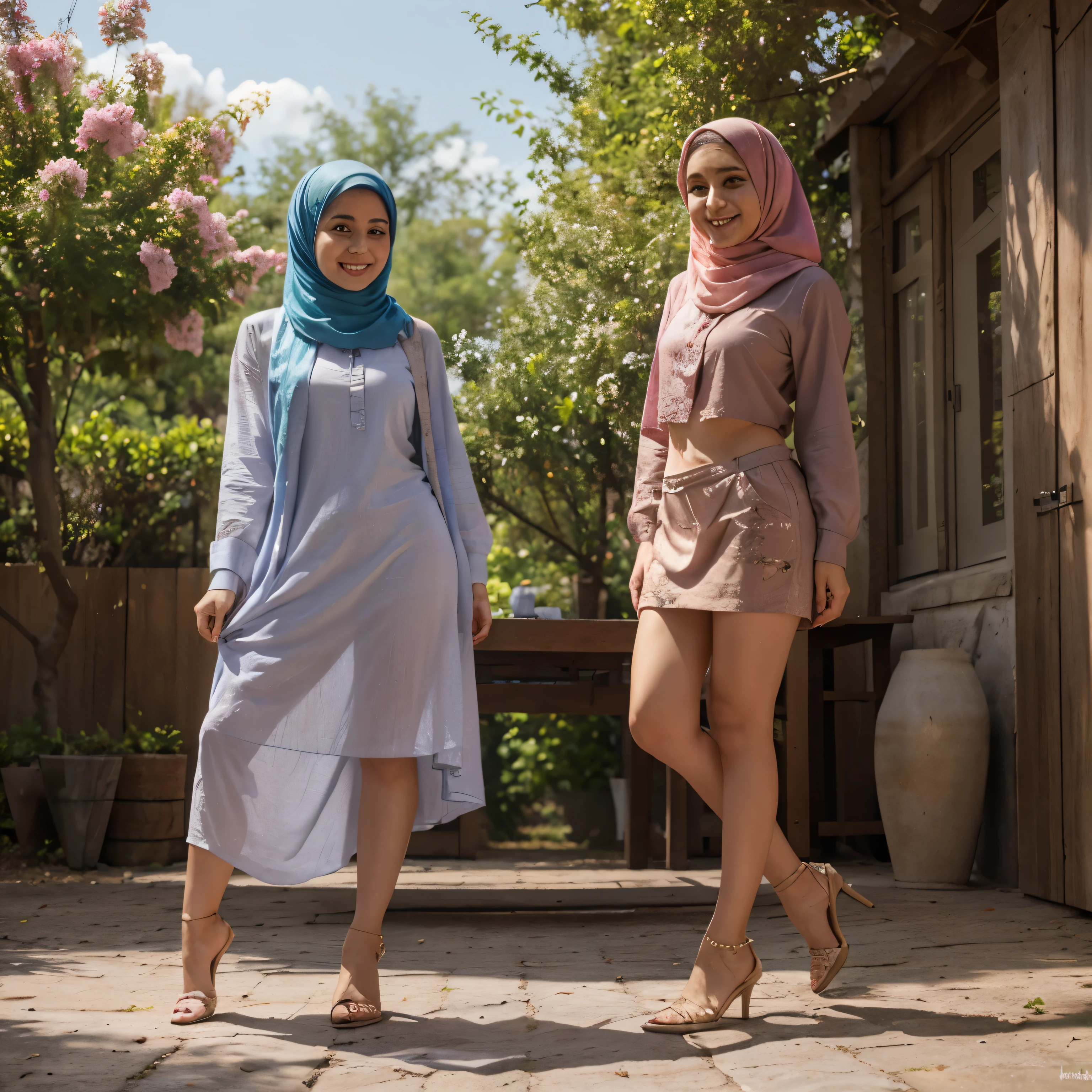 Masterpiece、highest quality、high resolution、Annabelle and Arabia, two best friends, 23 years old, Younger full body shot , looking muslim, perfect pose, Beautiful girl, colourful hijab, summer clothing, burka, with best friend, wearing colourful hijab attire, perfect smile, perfect body, perfect angle, forrest bright background 