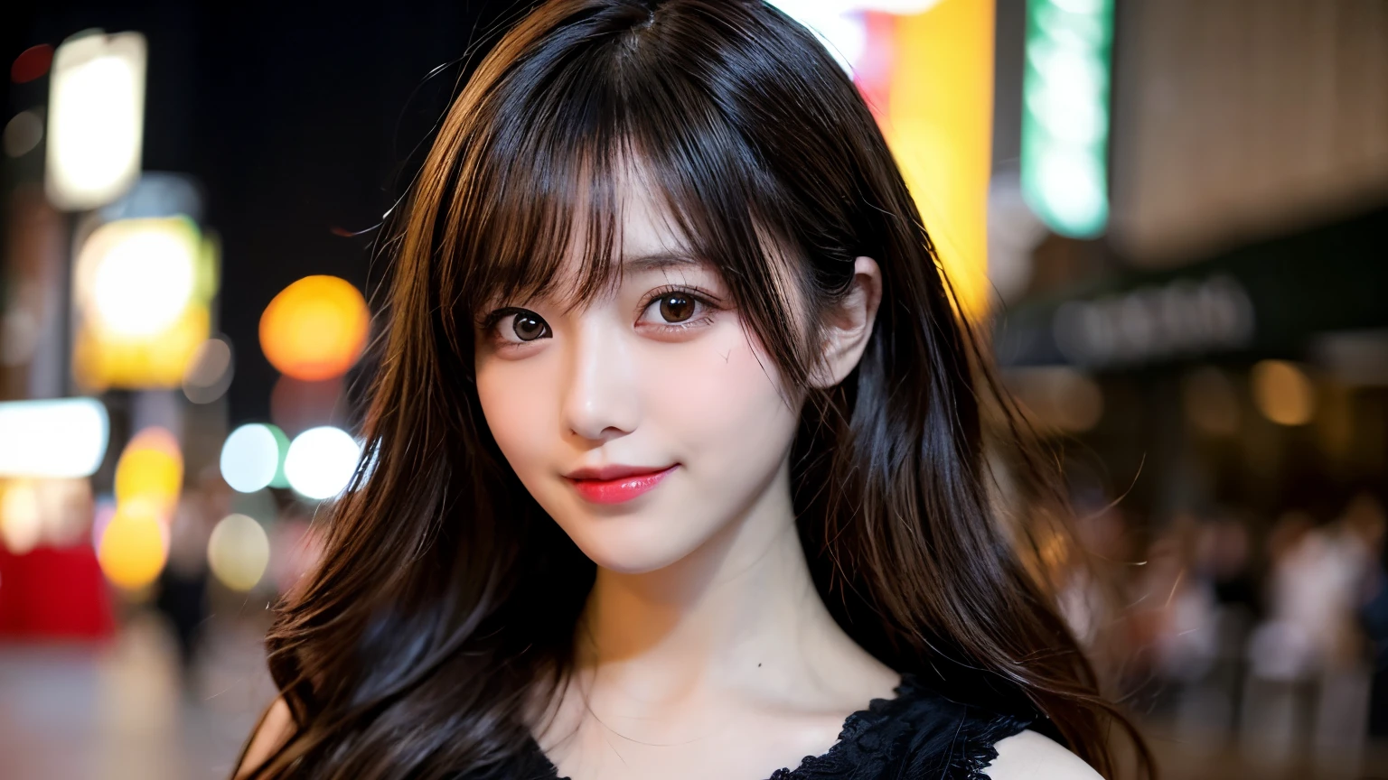 Tabletop, highest quality, shape, Very detailed, finely, High resolution, 8k wallpaper, perfect dynamic composition shape, Head straight ahead、finely beautiful eyes, Wearing a black dress,Medium Hair,Natural color lip, smile,Harajuku、age Girl、cute、Looking at the camera、C Cup、Brown Hair、Blurred night New York background