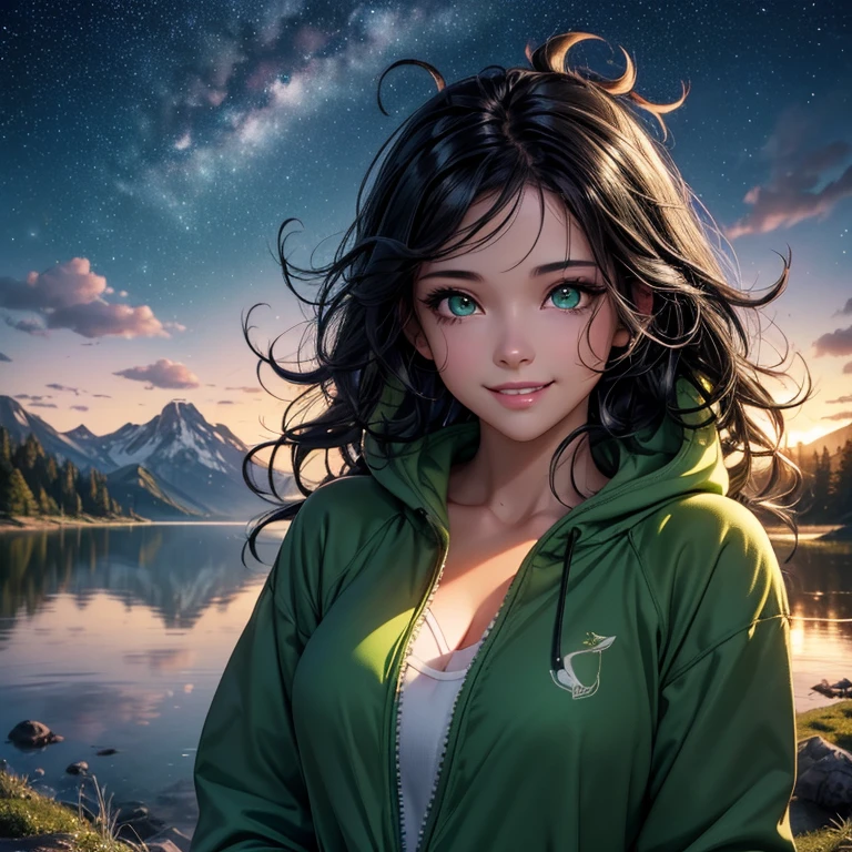 Masterpiece, best quality, 8K Wallpaper, HDR, octane rendering. A girl with crocodile kigurumi:1.5), open kigurumi:1.2), camping by the lake, mountains, trees, bonfire, starry night sky, beautiful detailed scenery, the girl has (Messy hair, shiny black hair:1.4), (Face beautiful and detailed with perfect symmetry), (Beautiful and detailed green eyes), (soft lips, smile, teeth:1.2), (body with perfect anatomy, perfect natural texture, high details, glowing skin) cinematic lighting, vivid colors, illustration detailed, depth of field.