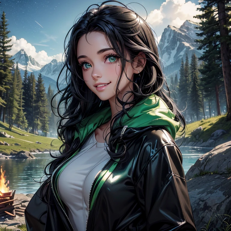 Masterpiece, best quality, 8K Wallpaper, HDR, octane rendering. A girl with crocodile kigurumi:1.5), open kigurumi:1.2), camping by the lake, mountains, trees, bonfire, starry night sky, beautiful detailed scenery, the girl has (Messy hair, shiny black hair:1.4), (Face beautiful and detailed with perfect symmetry), (Beautiful and detailed green eyes), (soft lips, smile, teeth:1.2), (body with perfect anatomy, perfect natural texture, high details, glowing skin) cinematic lighting, vivid colors, illustration detailed, depth of field.