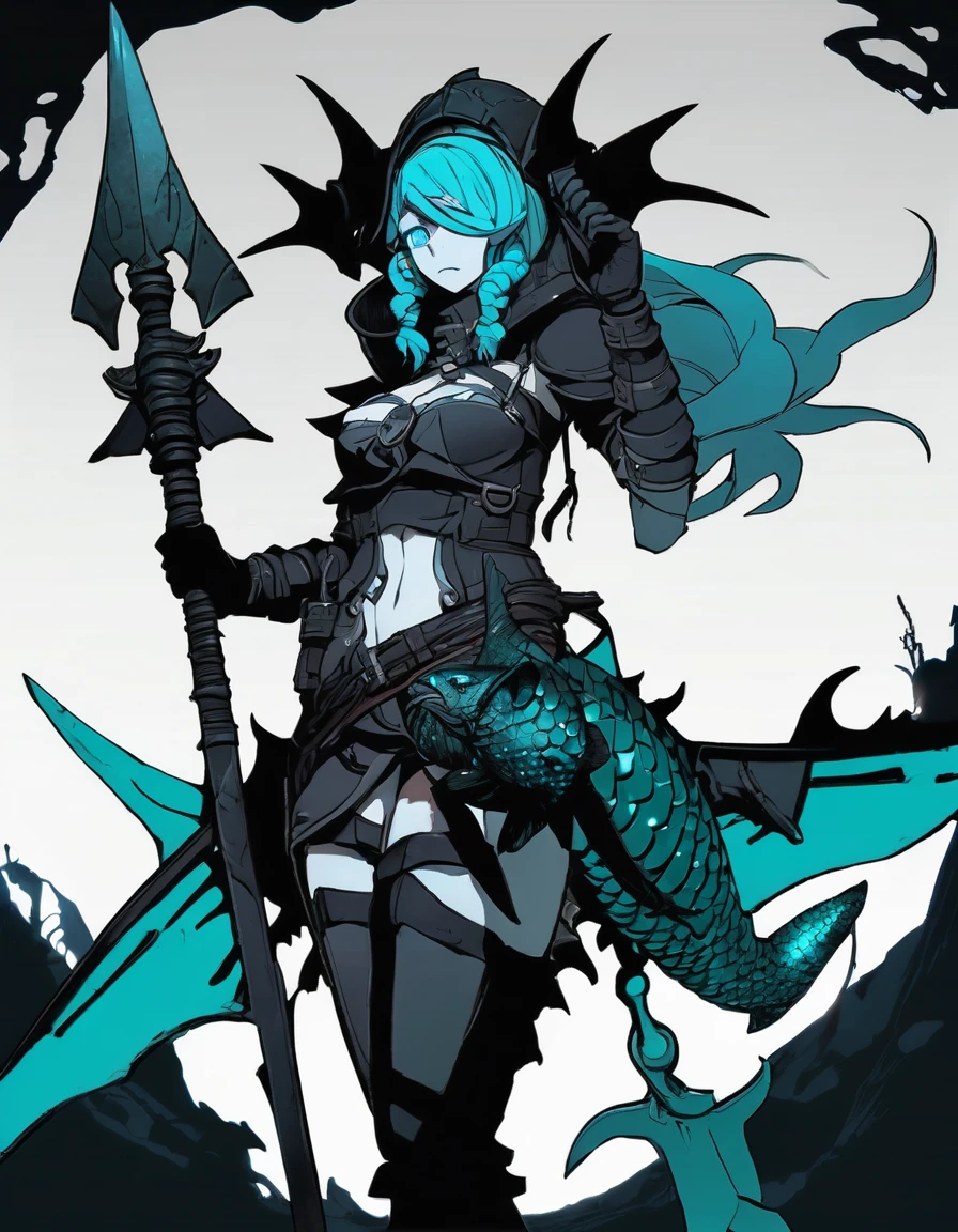 (((darkest dungeon style))), knee-length portrait, (dark darkest dungeon anime monster girl), ((gloomy darkest dungeon mermaid)), (sharp teeths), ((pale turquoise skin)), ((dark turquoise fish scales)), ((black sclera)), gray blue eyes, fish styled steel helmet, oceanic pikestaff, very dark background, (dark lighting), many shadows, cold lights