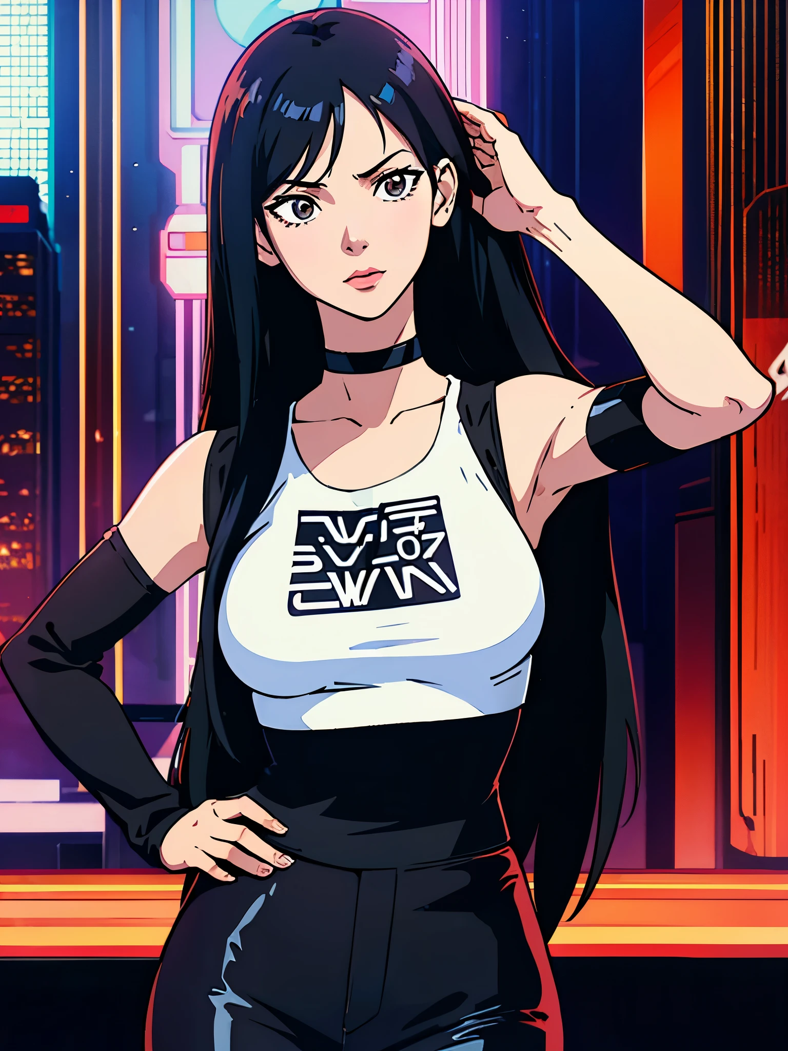 digital art drawing, illustration of (anime girl, long black hair middle part, brown eyes, wearing a black choker on her neck, white t shirt, black tactical vest, black latex pants, cyberpunk 2077), anime drawing/art, bold linework, illustration, digital art, masterpiece, flat illustration, no shadows, 8k resolution, high detail, vector art, only anime, perfect eyes, perfect hands, perfect fingers, sharpness, high clarity, medium shot, high fidelity
