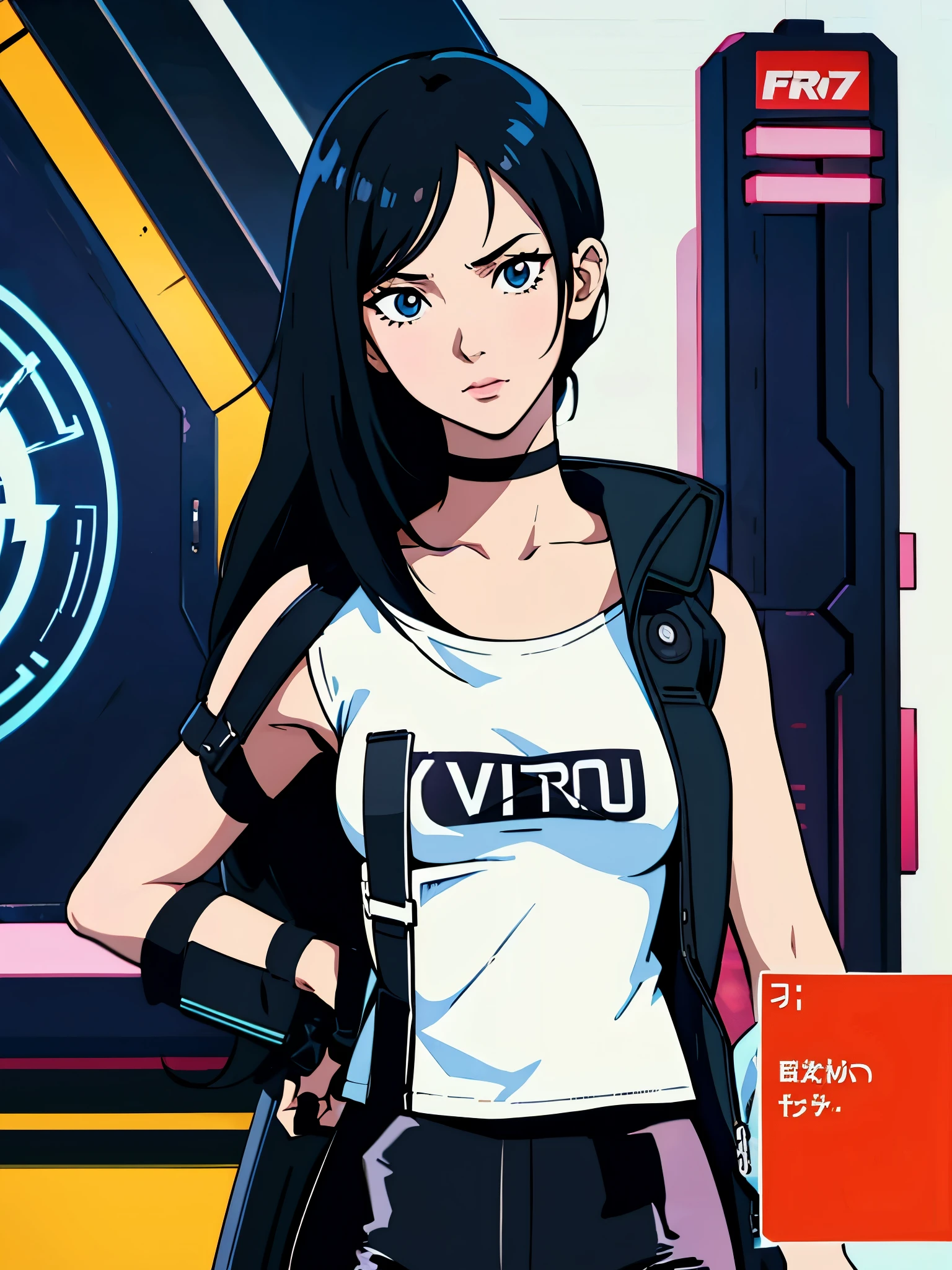 digital art drawing, illustration of (anime girl, long black hair middle part, brown eyes, wearing a black choker on her neck, white t shirt, black tactical vest, black latex pants, cyberpunk 2077), anime drawing/art, bold linework, illustration, digital art, masterpiece, flat illustration, no shadows, 8k resolution, high detail, vector art, only anime, perfect eyes, perfect hands, perfect fingers, sharpness, high clarity, medium shot, high fidelity