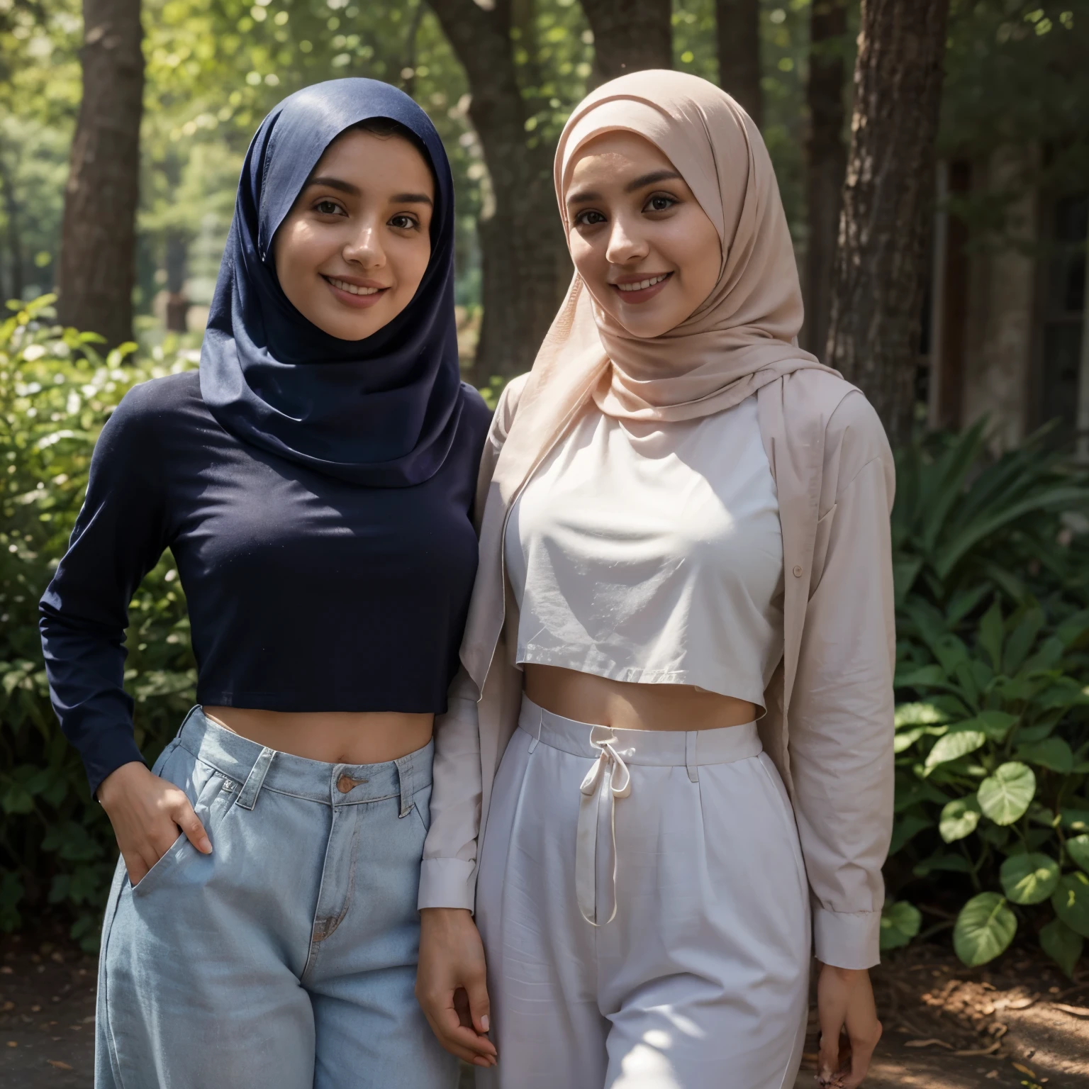 Masterpiece、highest quality、high resolution、Annabelle and Arabia, two best friends, 23 years old, Younger full body shot , looking muslim, perfect pose, Beautiful girl, colourful hijab, summer clothing, burka, with best friend, wearing colourful hijab attire, perfect smile, perfect body, perfect angle, forrest bright background