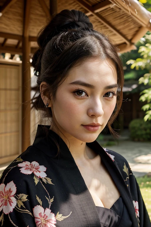 Jeune japonaise vingtaine, cheveux court ???? chignon, Detailed face, grand yeux noirs, Beautiful lip, corps naturels, en kimono, devant un cerisier en fleur dans un parc, Face to the camera